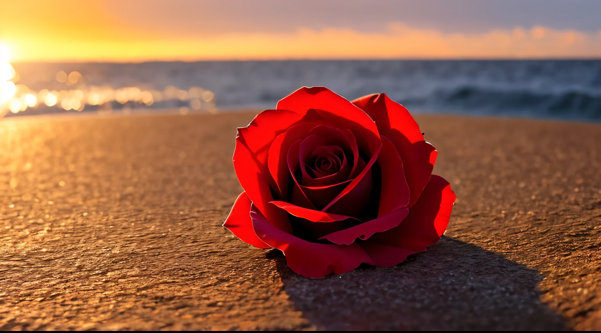 close-up, a rose, The background is a gorgeous sunset by the seaside, real texture, warm