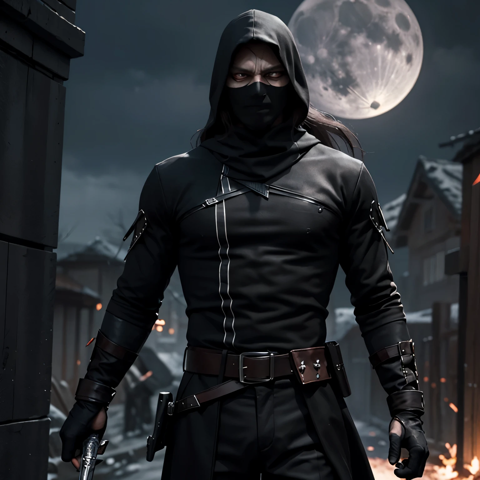 A masked assassin man, under the full moon's radiant light, has slaughtered numerous enemies. The man, with sharp piercing eyes and long flowing hair, holds an abundant collection of knives as his deadly weapons. An intriguing 3D animation portrays the darker side of this seemingly kind man.