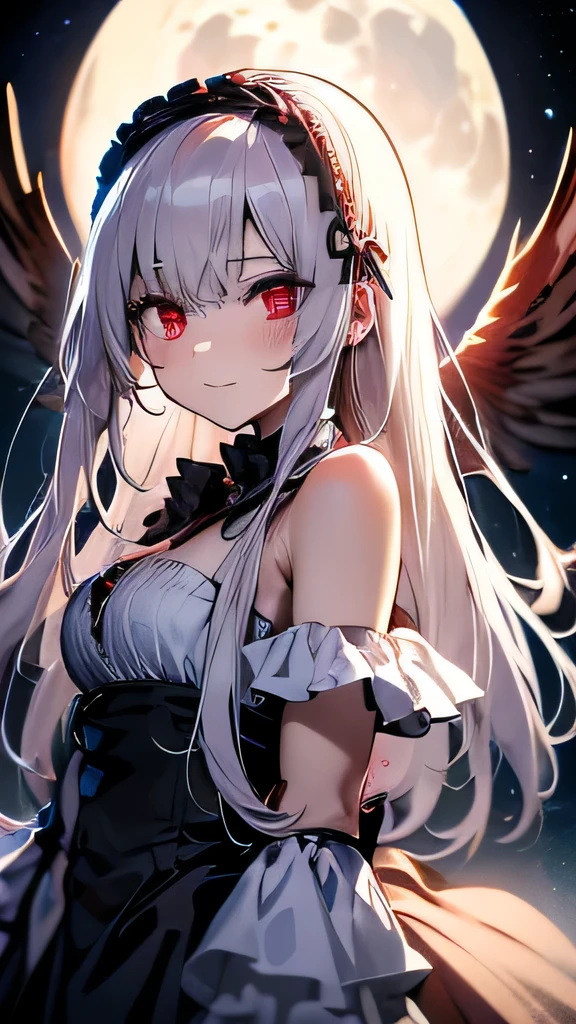 masterpiece， highest quality， highlight， SUI1， 1 girl， alone， redhead， red eyes， white long hair， naked， gray hair， rose hair ornament， ， gothic hair band， ribbon， ， Black wings ，（[grinning smile]），Big moon in the background