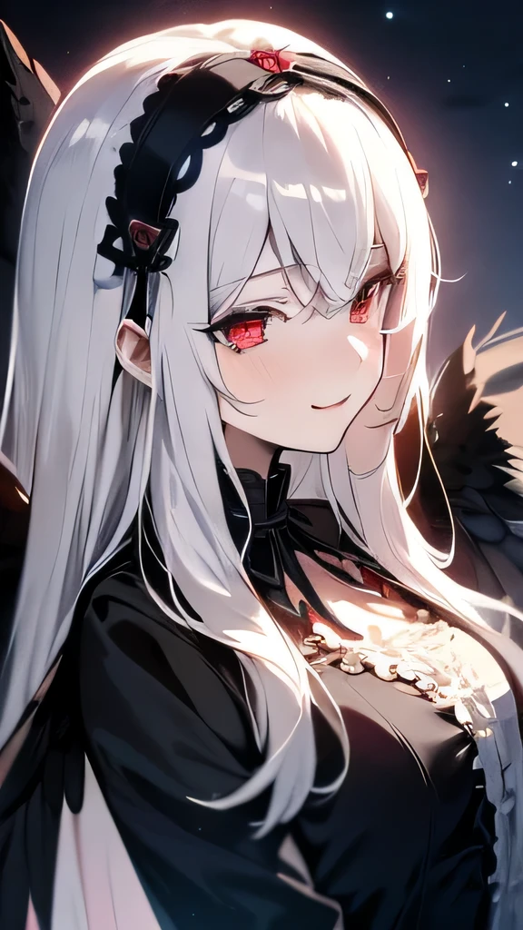 masterpiece， highest quality， highlight， SUI1， 1 girl， alone， redhead， red eyes， white long hair， naked， gray hair， rose hair ornament， ， gothic hair band， ribbon， ， Black wings ，（[grinning smile]），Big moon in the background