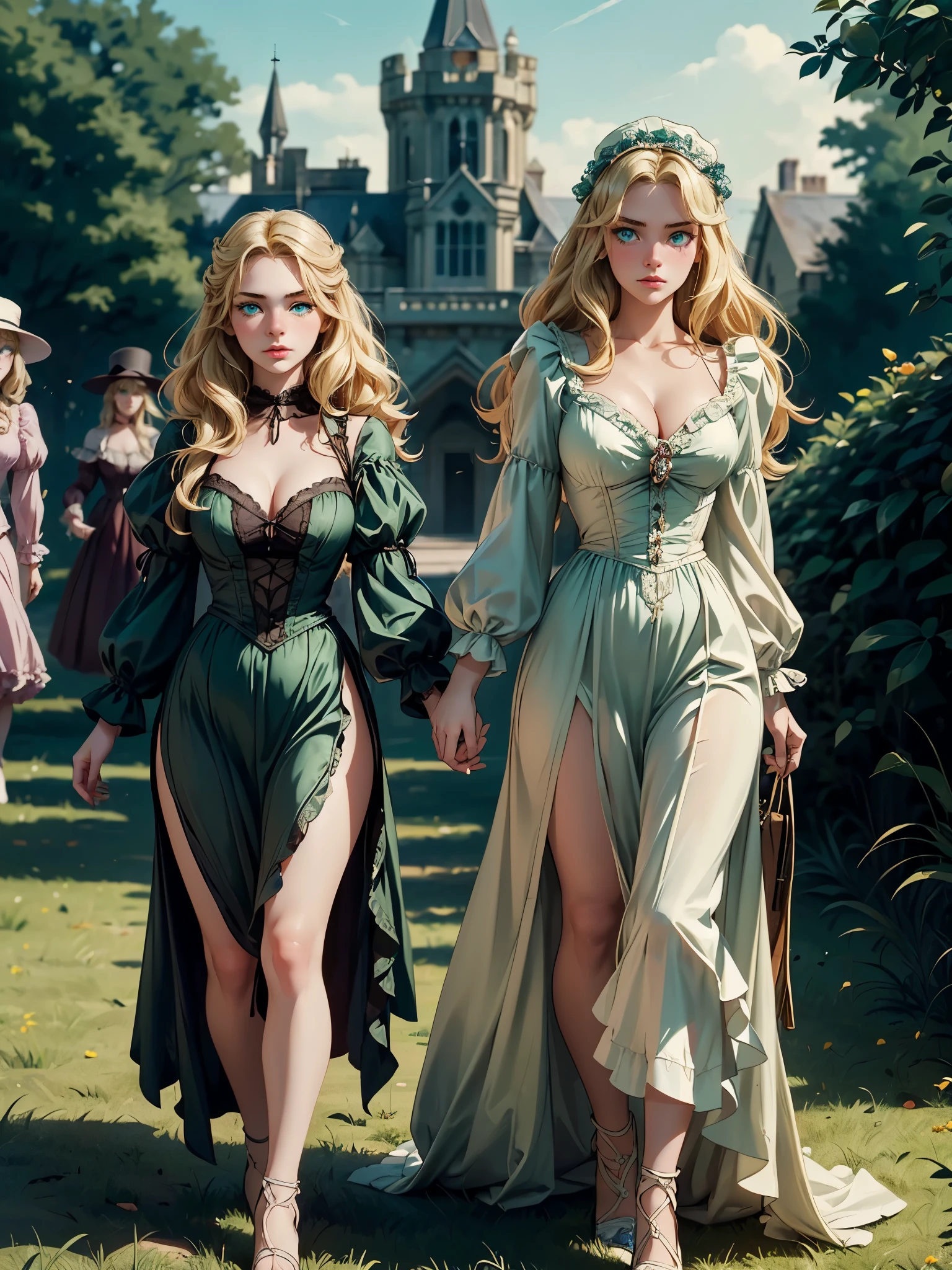 two girls, (Virginia Otis, (blond hair, blue eyes)) pose with (16 years oldald (blond hair, green eyes)). Victorian style. thin, cute face, walks at night in Canterville Castle (inspired by the novel The Canterville Ghost). aged 1887, Victorian dark fantasyOnline Camera,extremely beautiful lady, cleavage, ,chat