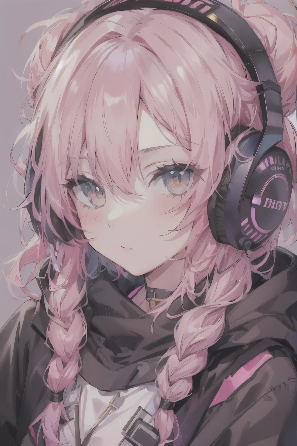 golden eyes、Woman using computer with big screen、pink hair、twin tails、wearing cool headphones,{{{{{{{{ black hoodie oversized }}}}}}}},beautiful and delicate golden eyes,thought,black clothes,
