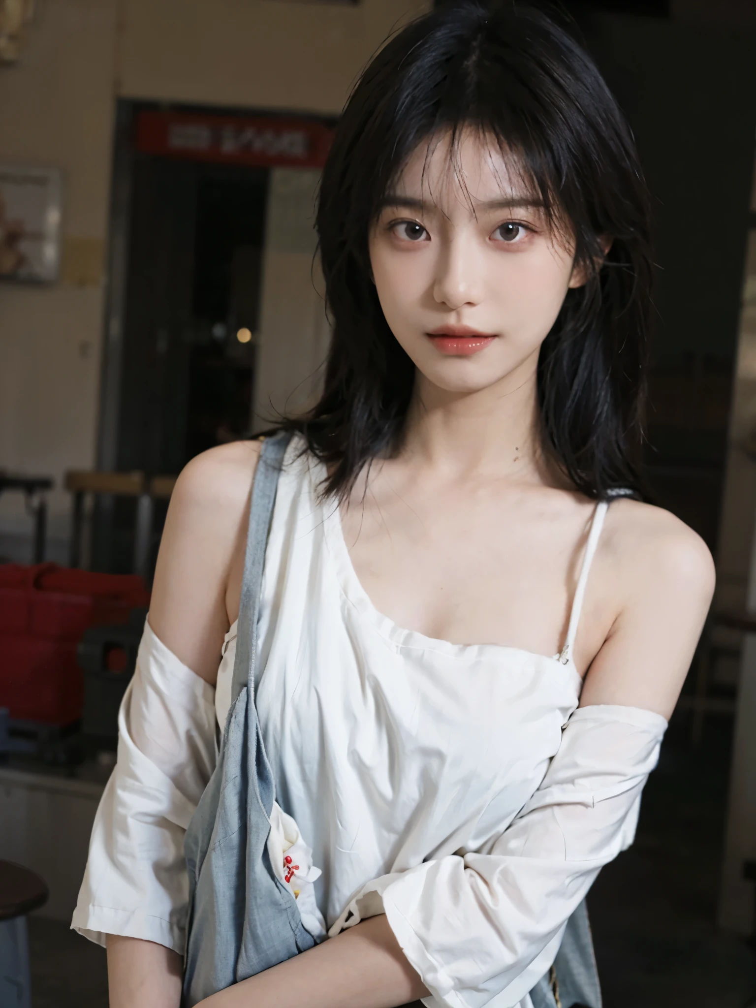Film portrait photography, 1 girl, bare shoulders,lipstick,goddess,(flat chest:1.4), wavy shoulder-length hair, White short sleeves,Carrying a bag,serene, calm, (Realistic and detailed eyes, natural skin texture, Realistic facial details), Soft dramatic lighting, depth of field, Bokeh, Vibrant details, Detailed and detailed, surreal, 35mm film, hazy, ,