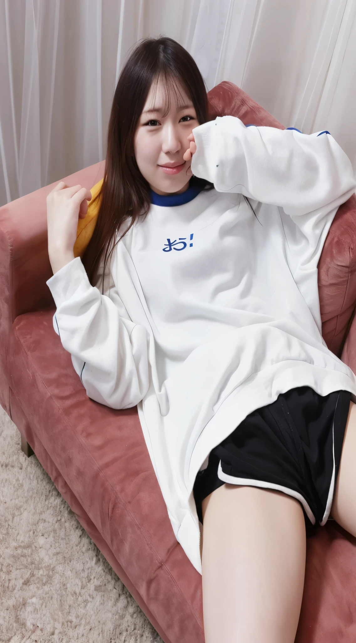 (It&#39;s white and bigＴshirt)),((Navy blue bloomers)) 、huge breasts、ponytail, japanese girl, 8K, ((full body shot))， highest quality, masterpiece, realistic, Photorealistic super detail, one girl, cute, best smile, beautiful eyes, long hair, perfect face,full body shot