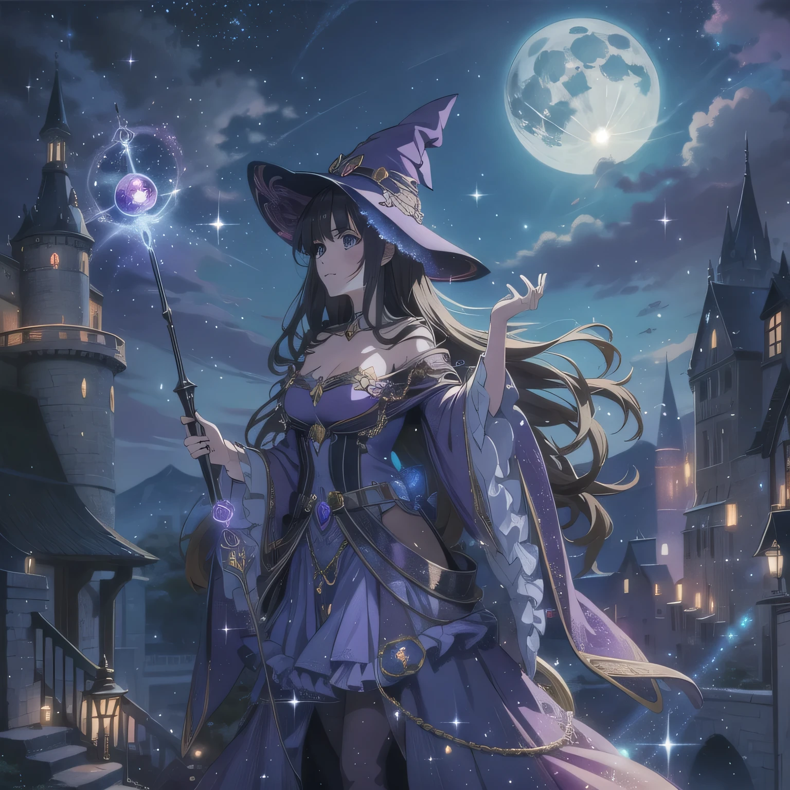 Anime girl in purple dress holding magic wand and full moon, beautiful wizard,, Beautiful celestial mage, witch, pretty witch, a beautiful witch, witch fairy tale, fantasy art style, Anime Fantasy Artwork, Beautiful fantasy anime, classical witch,  fantasy style art, fantasy mage, witch