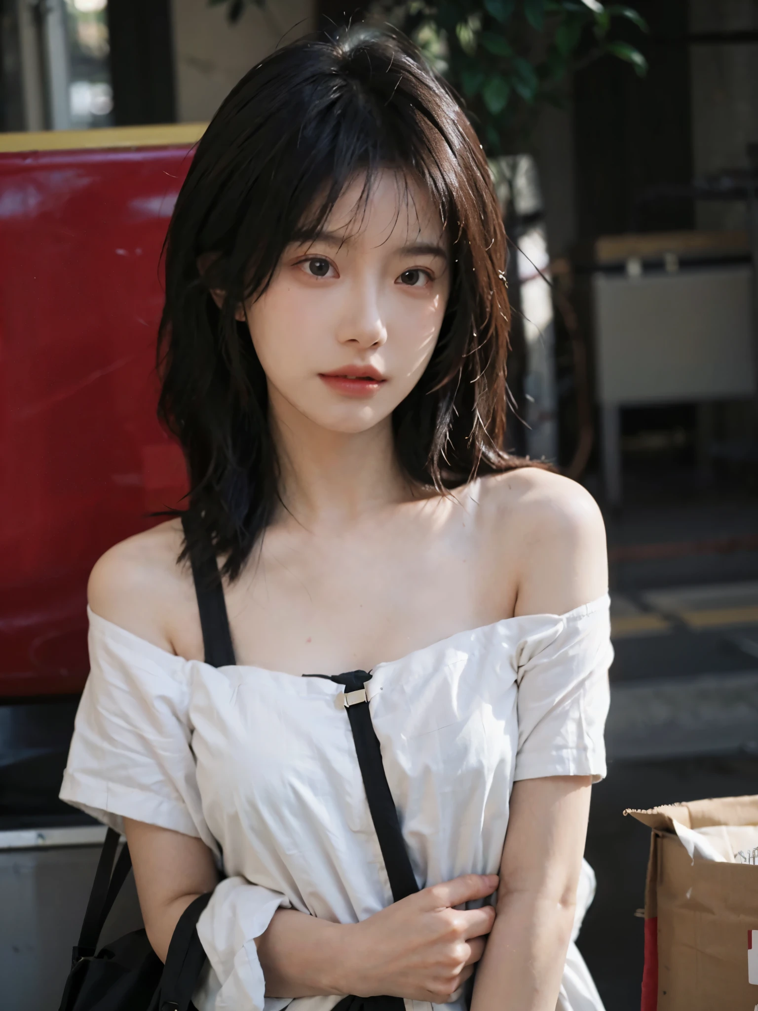 Film portrait photography, 1 girl, bare shoulders,lipstick,goddess,(flat chest:1.4), wavy shoulder-length hair, White short sleeves,Carrying a bag,serene, calm, (Realistic and detailed eyes, natural skin texture, Realistic facial details), Soft dramatic lighting, depth of field, Bokeh, Vibrant details, Detailed and detailed, surreal, 35mm film, hazy, ,