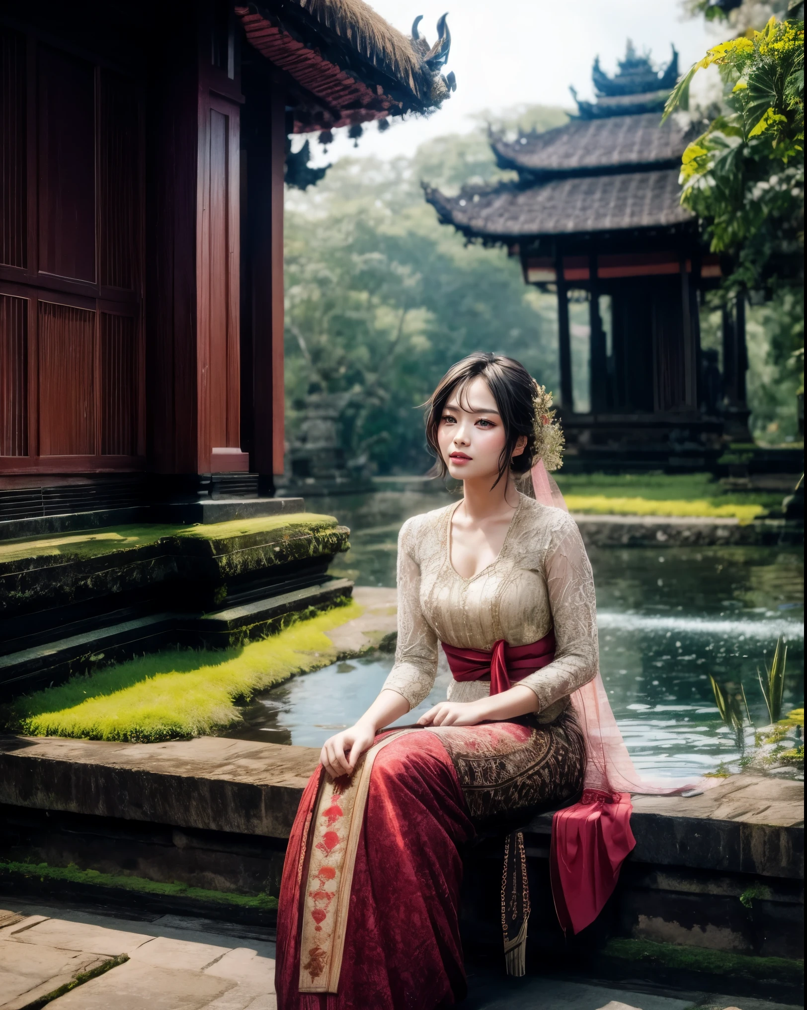 Create a tranquil and meditative image of a beautiful woman in a traditional kebaya, seated near a serene pond in a Balinese temple, capturing the natural light with a professional touch, focusing on the exquisite details of the cultural elements and the graceful posture of the woman.