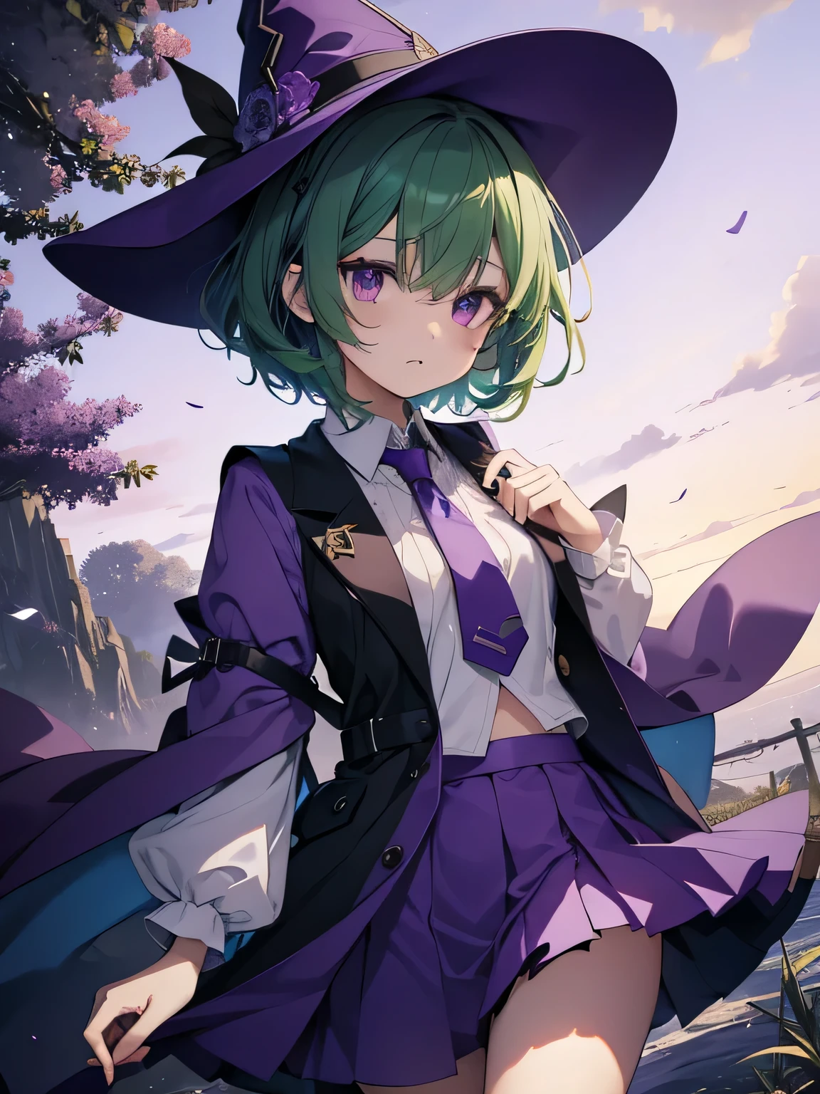highest quality、very delicate and beautiful、(teenage girl)、purple eyes、green hair、short haired、(Purple Witch Hat)、purple tie、I、short sleeve、purple skirt、tactical vest,purple wizard&#39;s robe、belly button、standing、facing the front