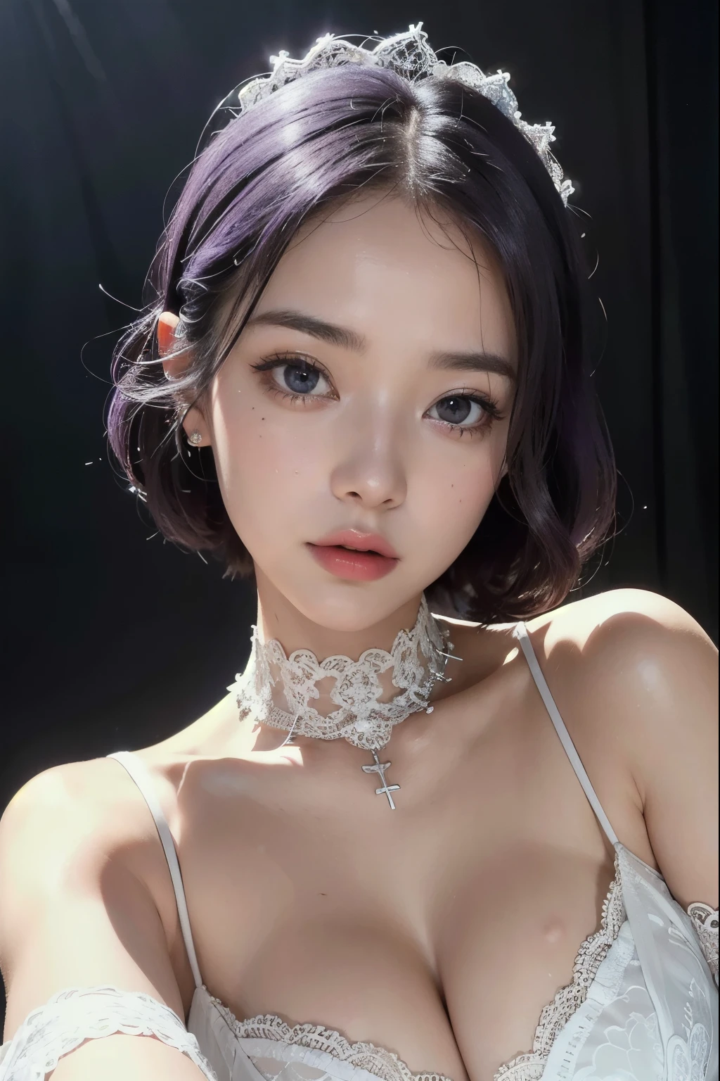 best quality,masterpiece,Very detailed,high resolution,4K,ultra high resolution,Detailed shadows,ultra actual,actual,dramatic lighting,1 girl,alone,Detailed face,actual eyes,actual skin,white dress,purple hair,dynamic poses, white lace dress