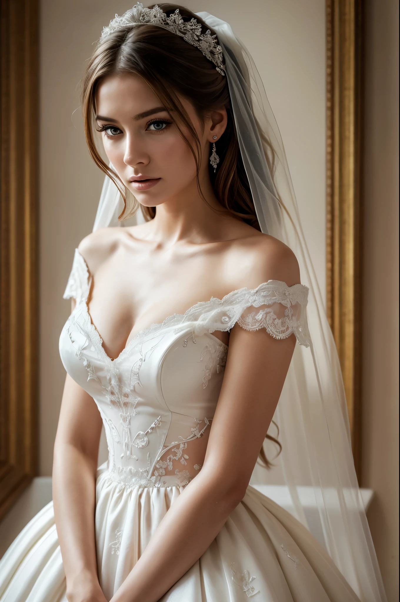 masterpiece, best quality, extremely detailed, hyperrealistic, photorealistic, a beautiful woman, white wedding dress, melancholic:1.1, anxious:1.1, worried, ultra detailed face