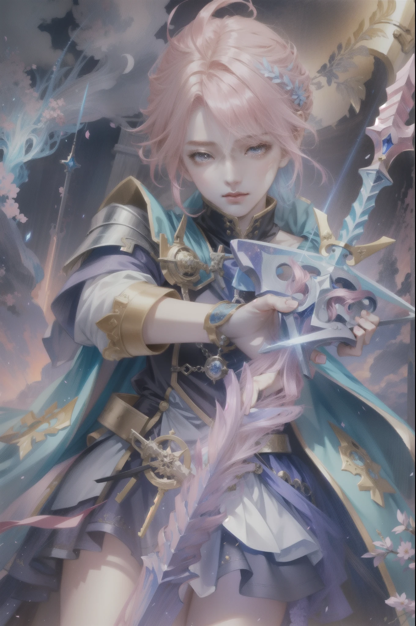 anime girl with pink hair holding a sword and a sword, detailed key anime art, shadowverse style, portrait knights of zodiac girl, beautiful celestial mage, anime fantasy illustration, crisp clear rpg portrait, detailed anime artwork, anime fantasy artwork, high detailed official artwork, shadowverse, detailed anime art, anime in fantasy style, detailed digital anime art, key anime art