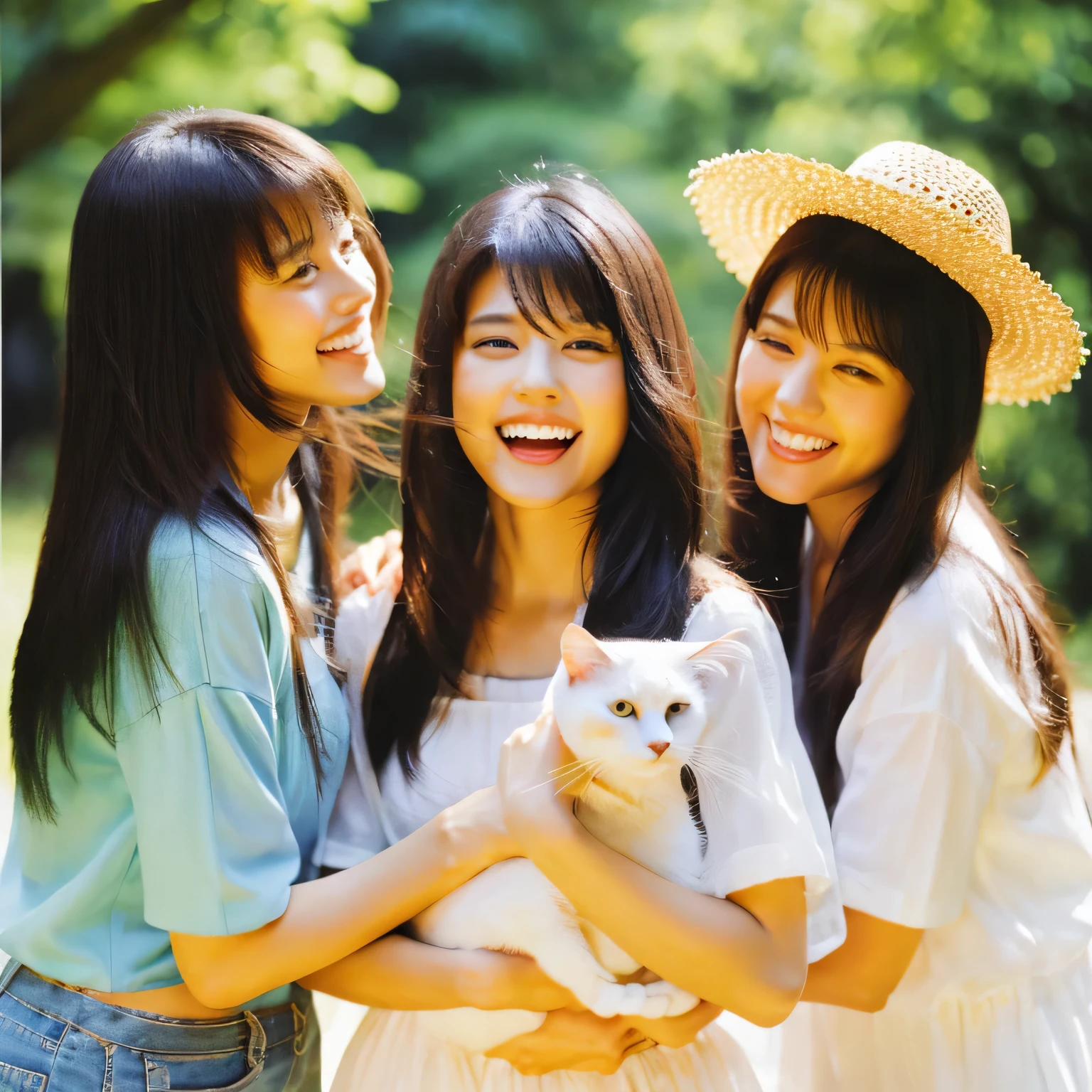 Identical twin sisters holding a cat　Beautiful woman　24-years-old　laughter　Asian　hair length