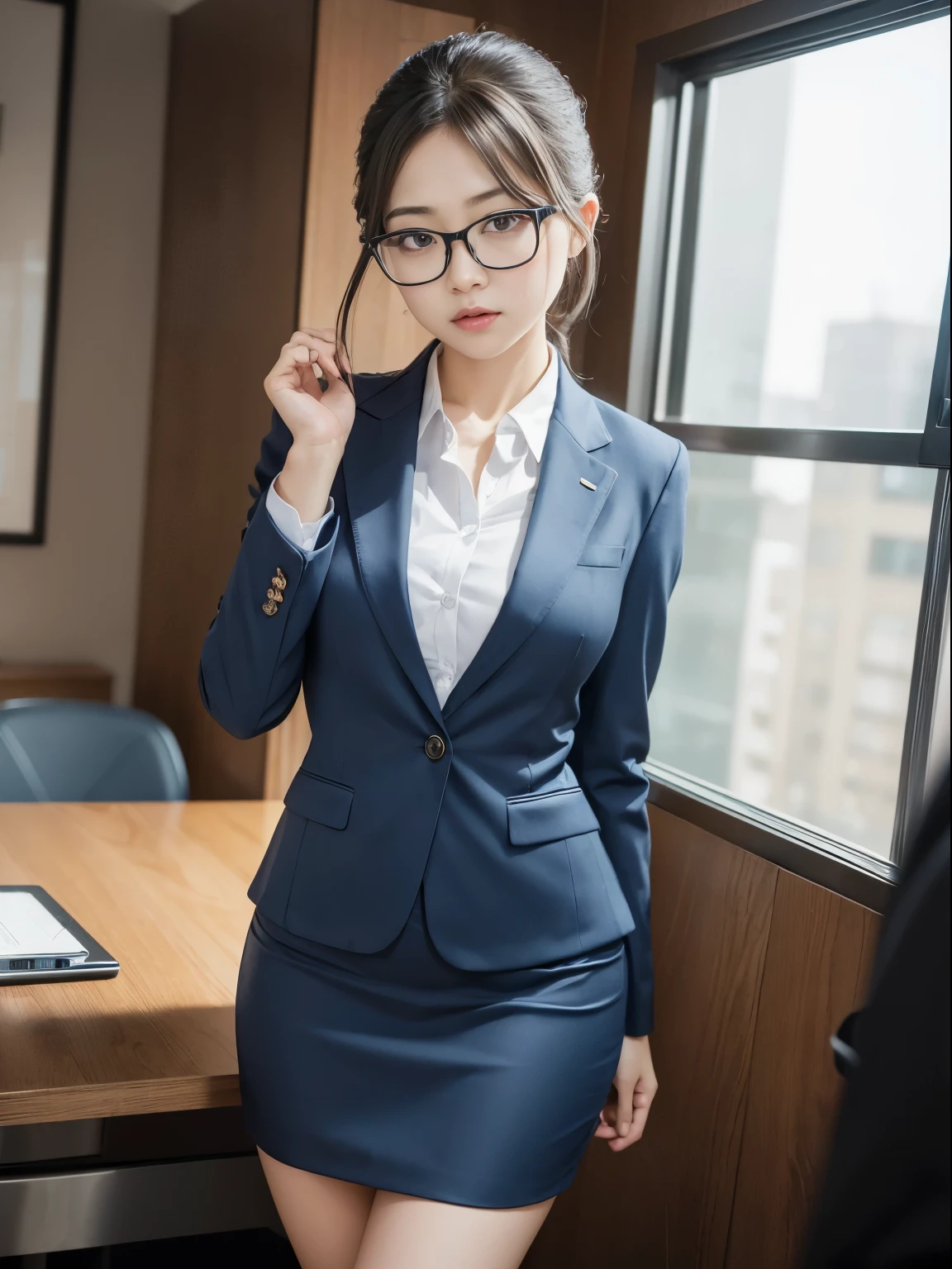 alone、solo、OL in her 20s in office uniform posing for a photo、victory、Tsundere、Single knot、OL、suit、blue mini skirt、anger、small、Glasses、slim girl model photo、physical:the smallest middle-aged man in history、female model、Japanese female fashion model、(8k、RAW photo、highest quality、masterpiece:1.2)、(real、photorealistic:1.37)、Super detailed、Ultra high definition、office Street、 standing position、whole body、((((SEXY)))