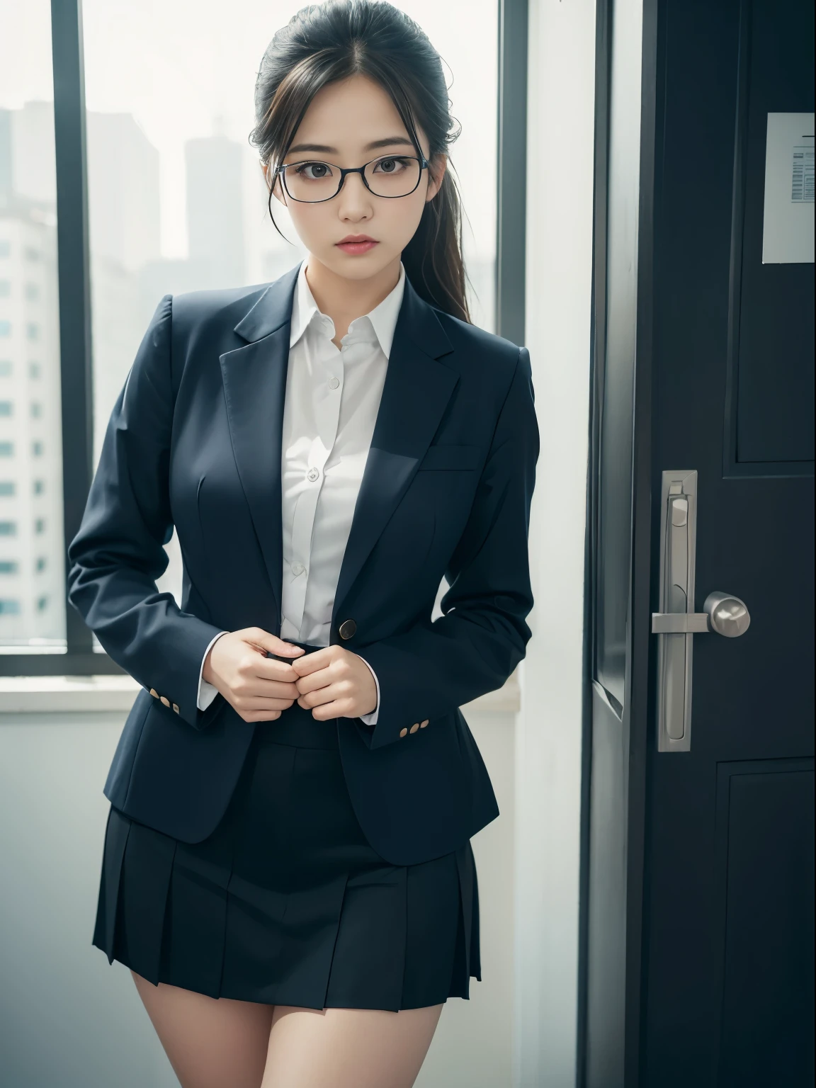 alone、solo、OL in her 20s in office uniform posing for a photo、victory、Tsundere、Single knot、OL、suit、blue mini skirt、anger、small、Glasses、slim girl model photo、physical:the smallest middle-aged man in history、female model、Japanese female fashion model、(8k、RAW photo、highest quality、masterpiece:1.2)、(real、photorealistic:1.37)、Super detailed、Ultra high definition、office Street、 standing position、whole body、((((SEXY)))