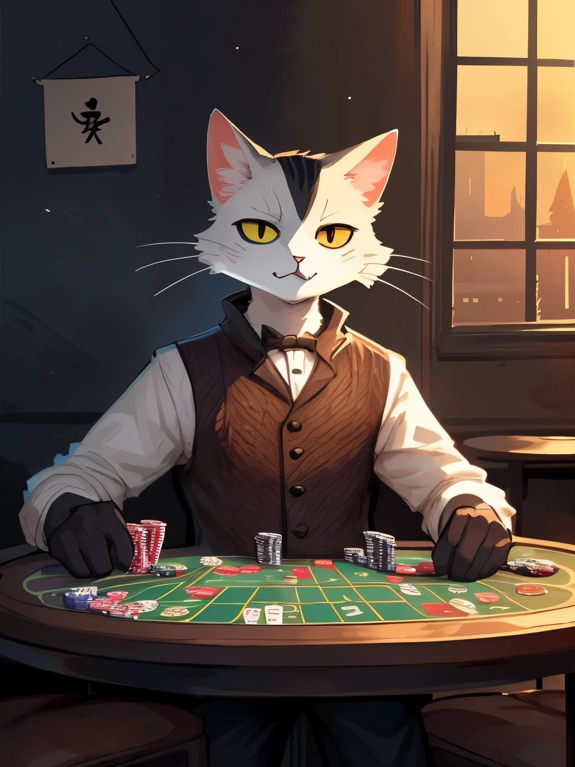 ((от bebebebebe, от zackary911, (guy cat :1.5). snow-white fur, knitted vest and shirt, trousers, Best quality, masterpiece, Ideal Anatomy, detailed, slim, thin, gambling mood , dirty ink, cards, Poker, sly facial expression, noir, smoky room, Soft light, Hear this news, bring my gold, Evil will come, if you call my name, rogue