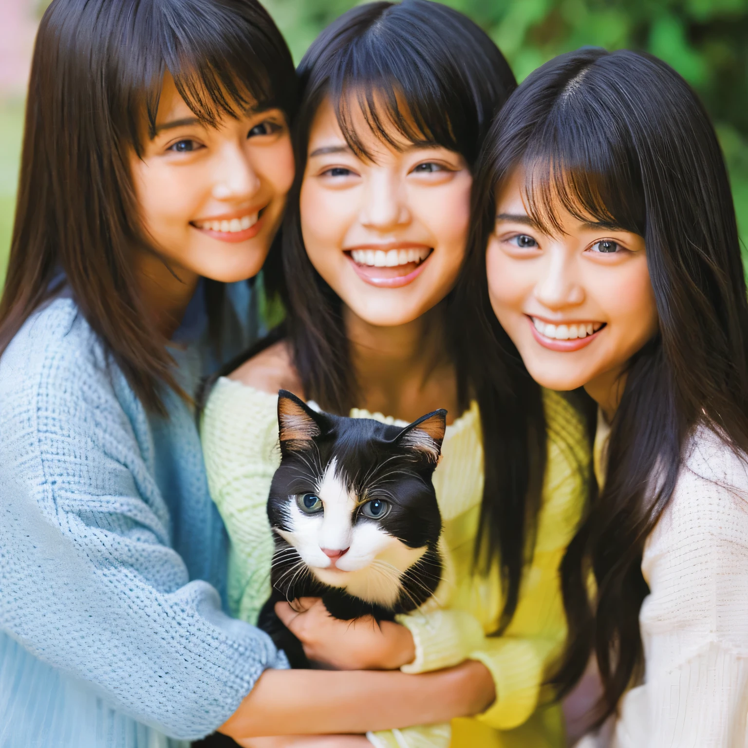 Identical twin sisters holding a cat Beautiful woman 24-years-old laughter Asian hair length