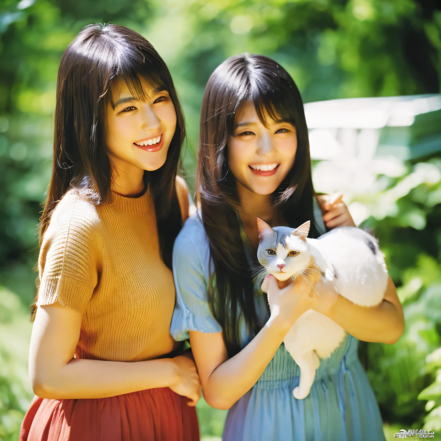 Identical twin sisters holding a cat　Beautiful woman　24-years-old　laughter　Asian　hair length