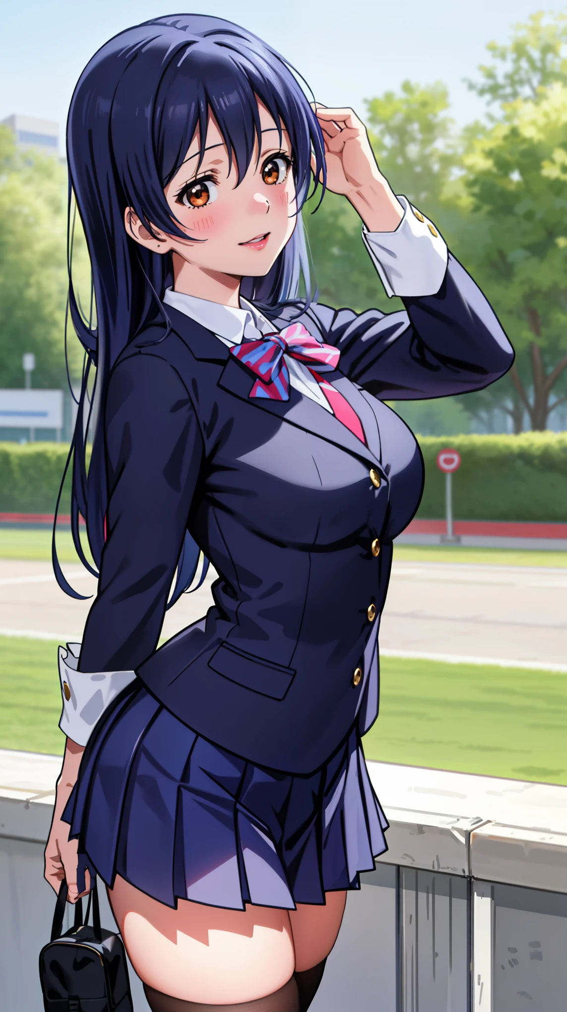 1 girl,Umi Sonoda,(lovelive), ((school uniform)),absurd,look away , whole body shape, (highest quality、4k、8K、High resolution、must have:1.2)、Super detailed、(reality、It&#39;s realistic、realistic:1.37)、ticker、hyper hd、studio lighting、ultra definition paint、sharp focus、Physically based rendering、extreme details、Professional specifications、vibrancy and color、blurry、sports portrait、landscape、horror style、anime big breasts、SF、photograph、concept artist、five fingers, perfect body,  {{{masterpiece}}}, {{{highest quality}}}, {{Super detailed}}, {shape}, {{very delicate and beautiful}},Improved cost performance、all roles、Canon 5D MK4でphotograph、photograph, 