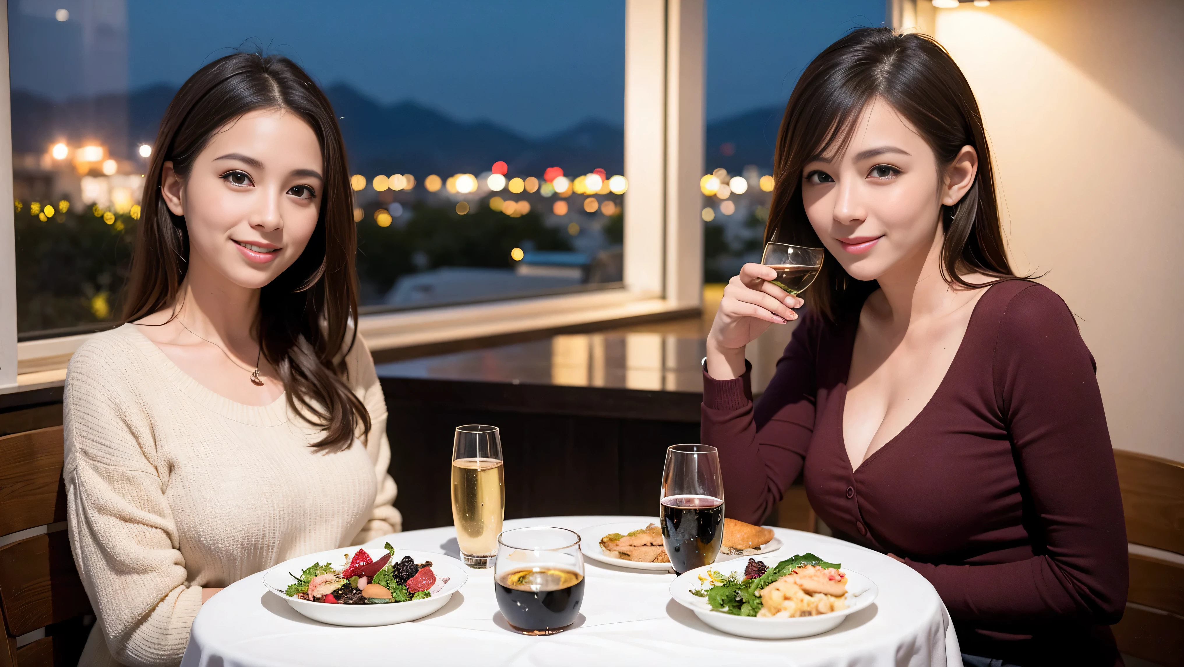 K, Hmm, highest quality, masterpiece: 1.2), (realistic, photorealistic: 1.37), Spectacular view of the sunset sky and clouds、Amazing mountain views、slimな美女3名, (slimフェイス),Happy、 最高なsmile、Fox face、Berry Short、(because I'thin), (brown hair), (shortcut), long sleeve shirt、winter fashion、Colombian、Brazilian、Japanese、Dutch、German、Portuguese、Belgian、Italian、French,Champagne、sparkling wine、 (Squirting), (slimボティ), (brown hair), (shortcut), neat beauty、cheeks turn a little red, (35 years old), 38 years old, alone, A beautiful and detailed night view spreads out outside the window......, restaurant, wine glassが座っている, At night, in a prominent place (from the Upper body) nova frog style, actress, model, Upper body, White wine, slim, wine glass, Very beautiful night view, wine glass Put in the Middle, Happy smile, (smile: 1.15),