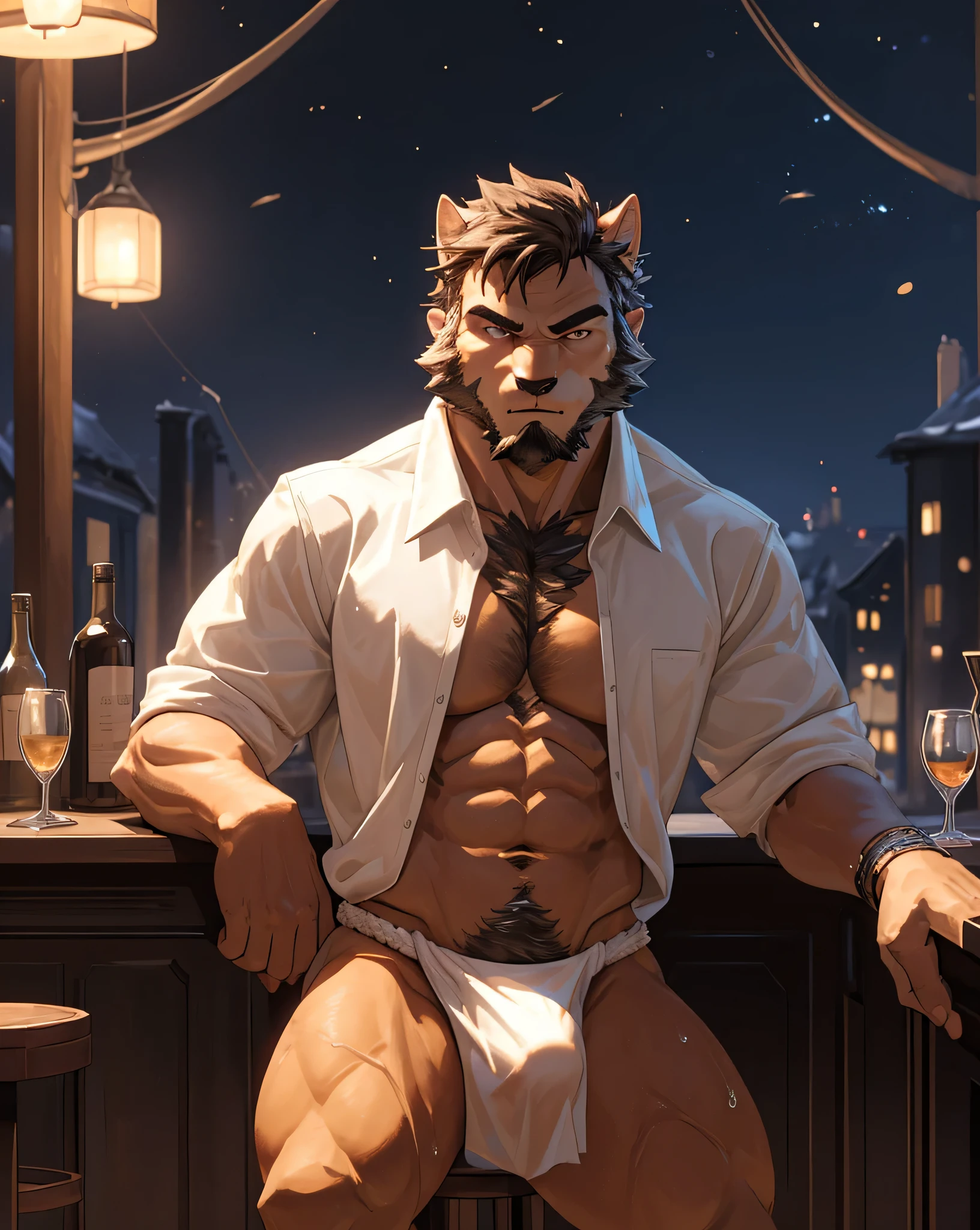 Best quality, masterpiece,ultra high res,detailed background,realistic, real shadow and light,depth of field, looking at the viewer, (sitting at the bar), counter bar, strong arm and veins, male, furry, unbutton shirt, open shirt, fundoshi, crotch bulge, short hair, beard, Sexybody, angry face, sweat body, black nipples, at the bar, whisky glass, night time.