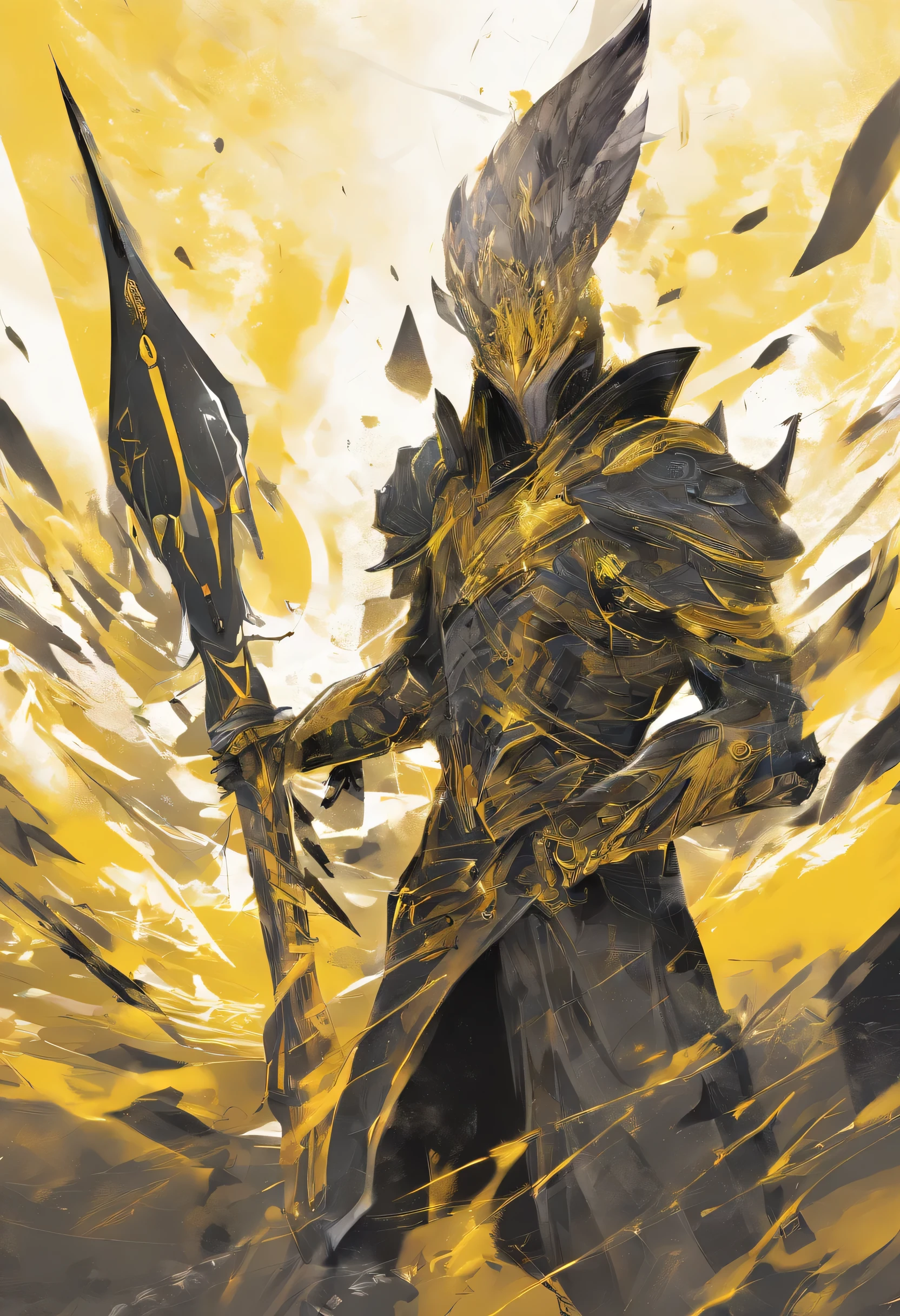 There is a spear,There are yellow and black patterns on it, glowing soul blade, Glowing Barracuda, Parker blade style, raytraced blade, sword, Shiny Parker, Intricate fantasy spear, war blade weapons, medieval spear, magical pike, realistic pike,Cosmic Galaxy