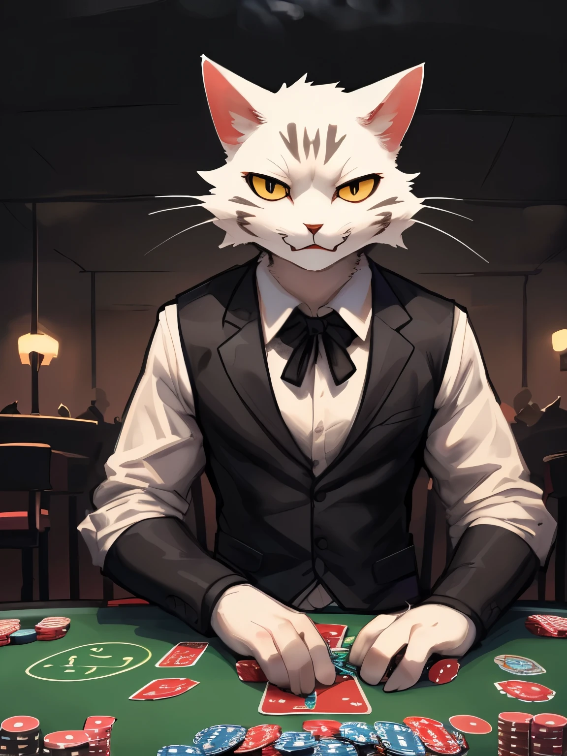 ((от bebebebebe, от zackary911, (guy cat :1.5). snow-white fur, knitted vest and shirt, trousers, Best quality, masterpiece, Ideal Anatomy, detailed, slim, thin, gambling mood , dirty ink, cards, Poker, sly facial expression, noir, smoky room, Soft light, Hear this news, bring my gold, Evil will come, if you call my name, rogue