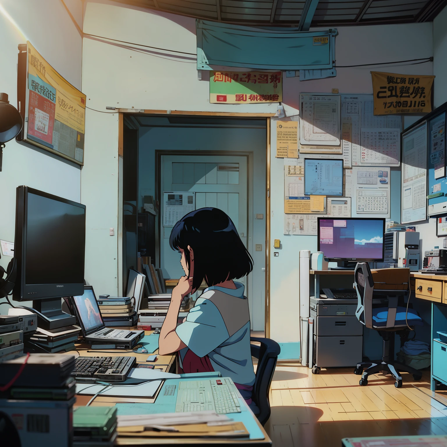 anime scene of a woman sitting at a desk with a computer, 9 0 s anime aesthetic, 8 0 s anime vibe, lain serial experiments, from akira ( 1 9 8 8 ) style, technological anguish, 1980's anime style, 80s anime ova style, an retro anime image, lofi girl, computer aesthetic