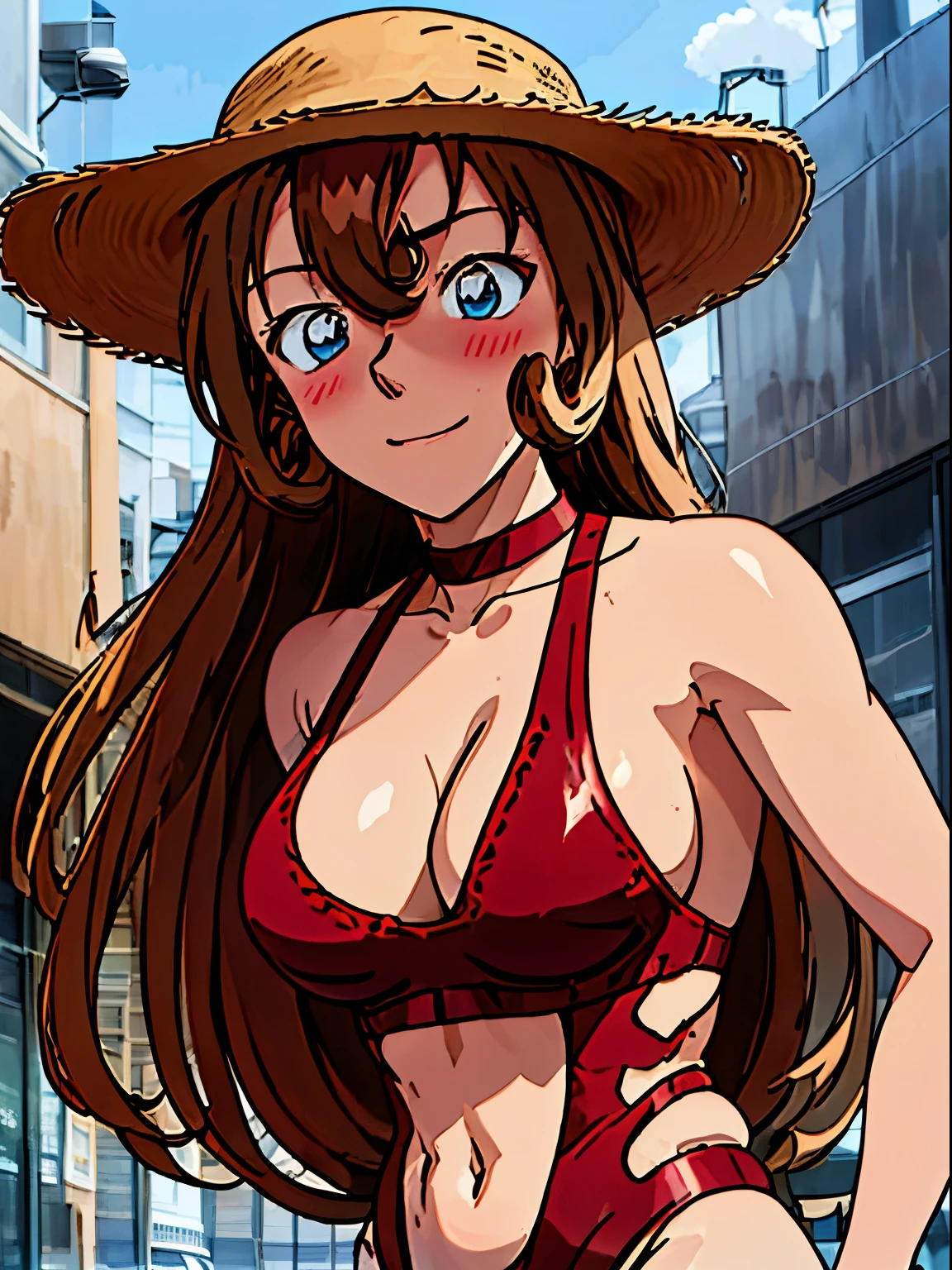 1 girl, behind view, cowboy shot, ultra detailed face, best quality, anime style, hires, highest definition, digital blending, bold drawing lines, ((weak body, female wrestler), (slender body), mature woman, milf, (wrestling gear, collar band), victorious, gorgeous, winner, not blushing, (pale skin, shiny skin, lighting and shadow), (cleavage), (clean face), (warming up), closed fists, (brown, curly hair, long hair, curly bangs), 37 years old,