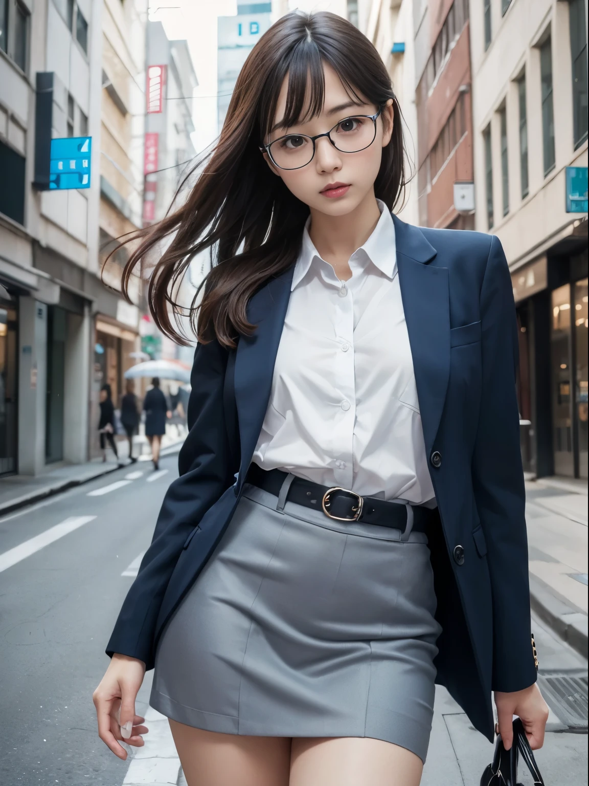 alone、solo、OL in her 20s in office uniform posing for a photo、victory、Tsundere、Single knot、OL、suit、blue mini skirt、anger、small、Glasses、slim girl model photo、physical:the smallest middle-aged man in history、female model、Japanese female fashion model、(8k、RAW photo、highest quality、masterpiece:1.2)、(real、photorealistic:1.37)、Super detailed、Ultra high definition、office Street、 standing position、whole body、((((SEXY)))