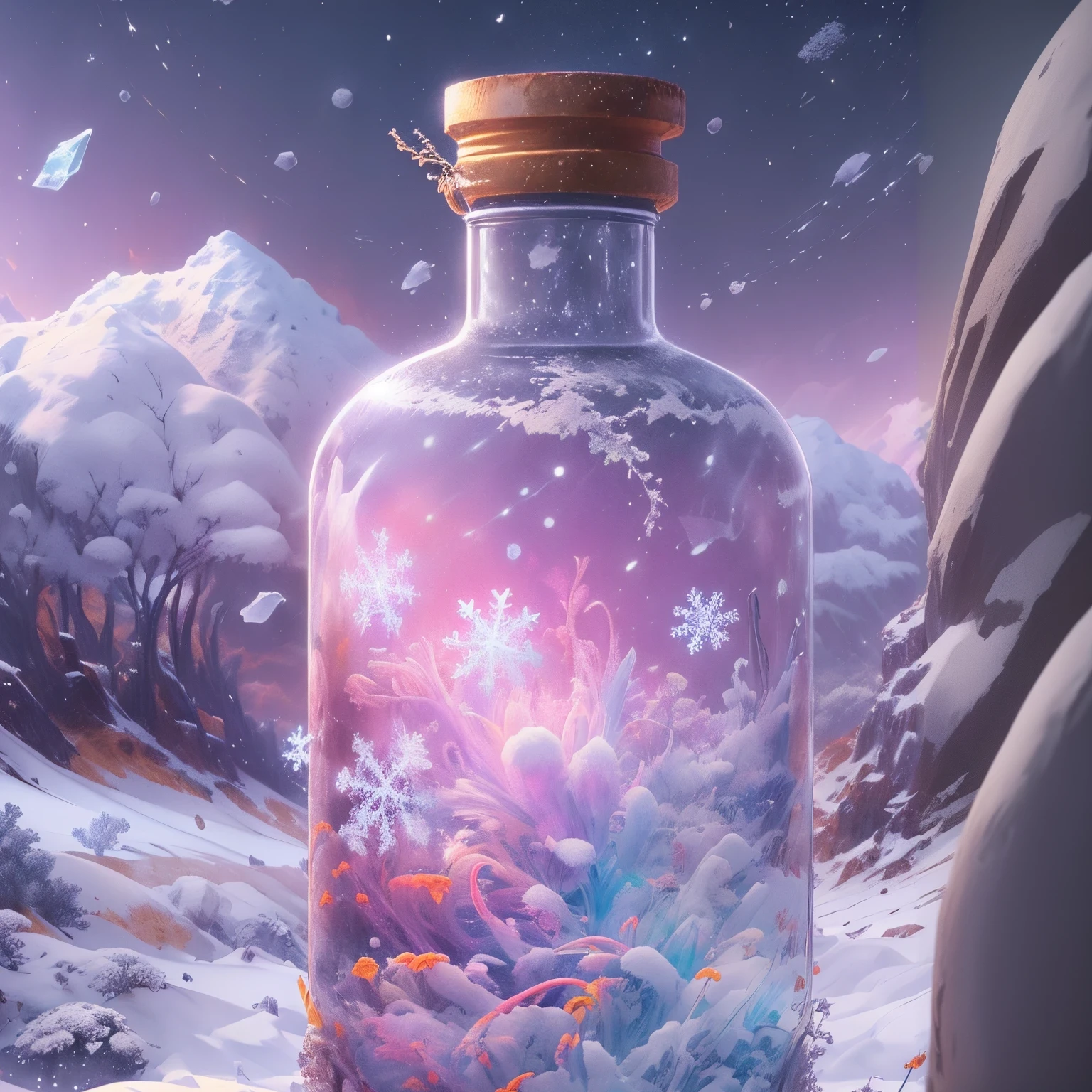 There was a glass bottle，There is a snow scene painted inside, winter concept art, 4k highly detailed digital art, 4k detailed digital art, Super detailed SCP artifact jar, full of glass. CG society, Art style of Philip Hodas, Detailed 4k, background artwork, 8K Stunning Artwork, fantasy art behavior