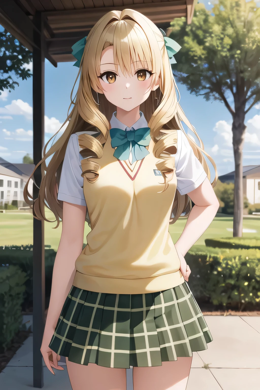 masterpiece, highest quality, High resolution, 1 girl, alone, long hair, blonde hair, double good, drill hair, brown eyes, , green bow tie, white shirt, sweater vest, yellow vest, short sleeve, plaid skirt, green skirt, Are standing, cowboy shot, outdoor,