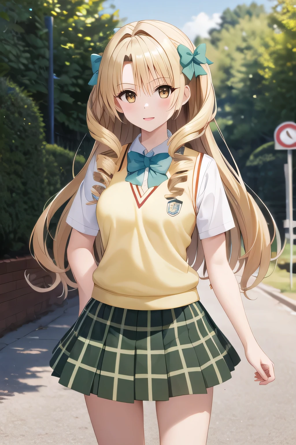 masterpiece, highest quality, High resolution, 1 girl, alone, long hair, blonde hair, double good, drill hair, brown eyes, , green bow tie, white shirt, sweater vest, yellow vest, short sleeve, plaid skirt, green skirt, Are standing, cowboy shot, outdoor,