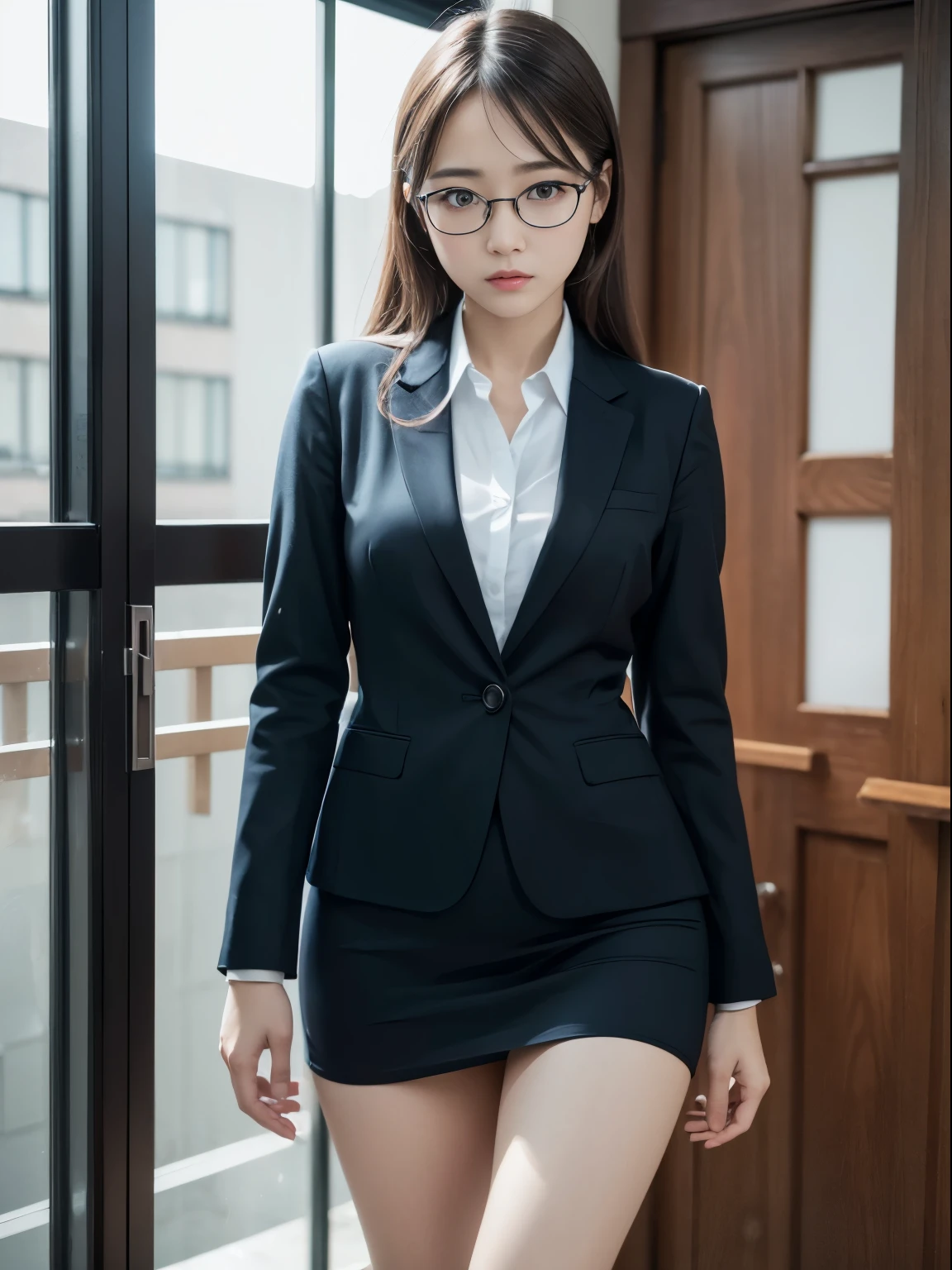 alone、solo、OL in her 20s in office uniform posing for a photo、victory、Tsundere、Single knot、OL、suit、blue mini skirt、anger、small、Glasses、slim girl model photo、physical:the smallest middle-aged man in history、female model、Japanese female fashion model、(8k、RAW photo、highest quality、masterpiece:1.2)、(real、photorealistic:1.37)、Super detailed、Ultra high definition、office Street、 standing position、whole body、((((SEXY)))