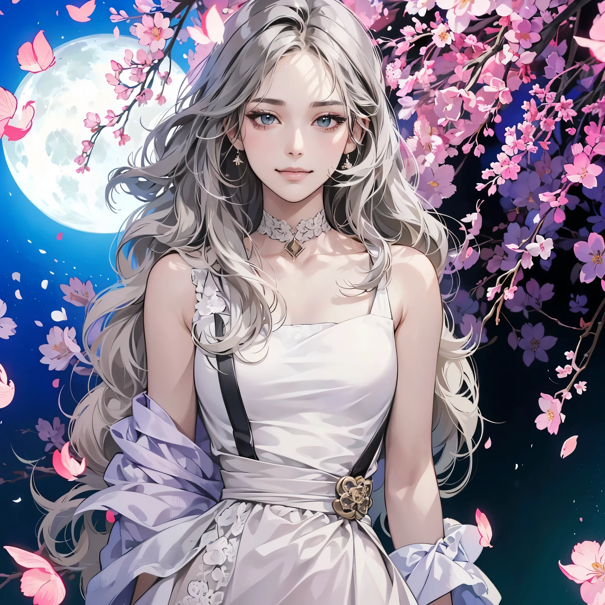 (table top, digital art, digital illustration, 4K, 8K, super detailed, beautiful images, clear image, realistic, RAW photo, perfect face, perfect lines, perfect eyes, soft lighting) ,1 female, (long black hair,parted bangs、bullish look,beautiful woman,closed mouth,smirk,Mature,(slender,),23 year old female,:1.3),The background is cherry blossoms and the moon