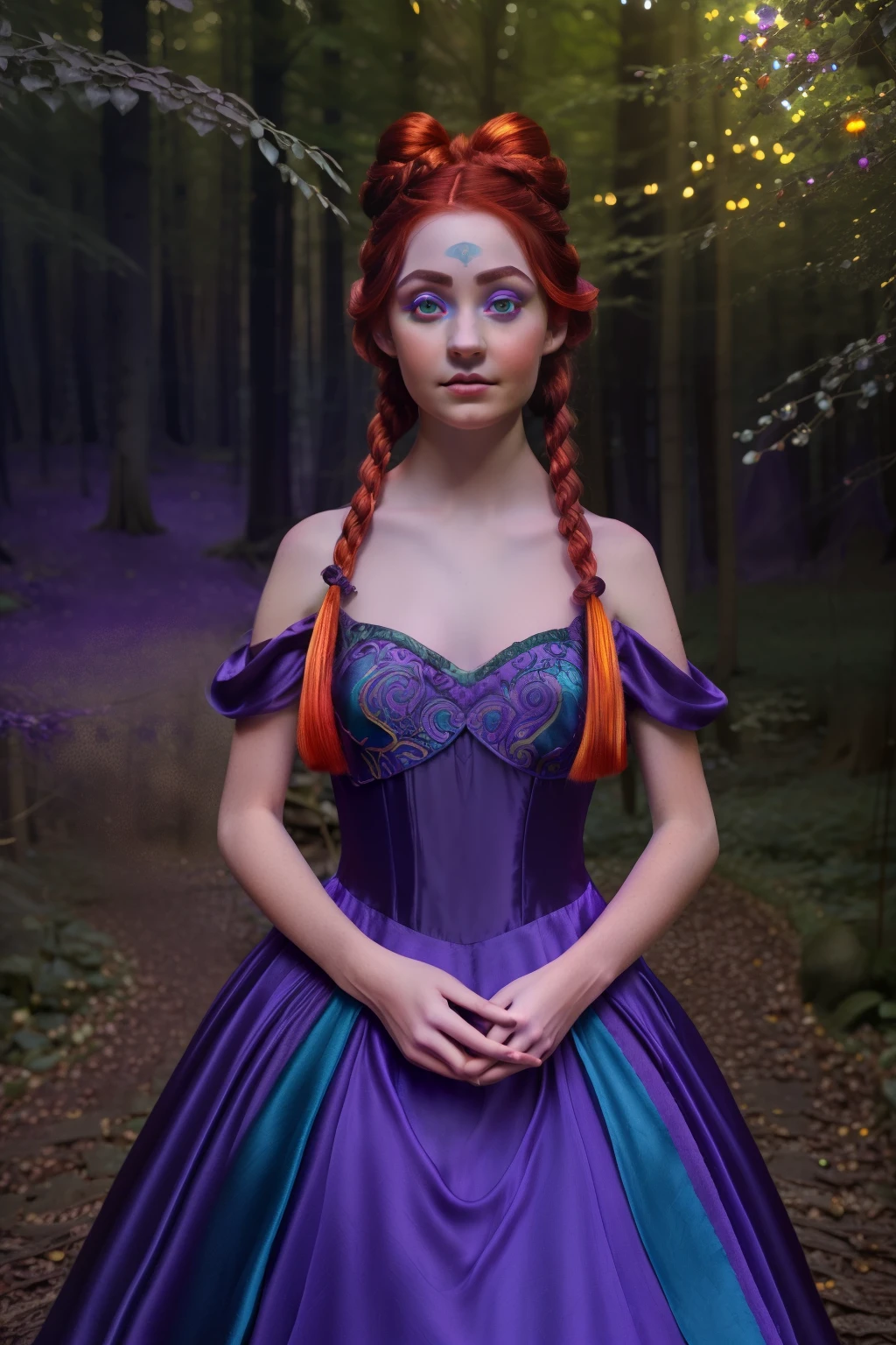 Fairytale Kingdom of Fantasia. In a magical forest, ((((15-year-old)) Xayide)), witch, tall, pale skin, very beautiful, ((evil subtle smirk expression)). ((((violet silk gown)))), ((red hair, in braids and buns)). ((((((eyes of different color))))))