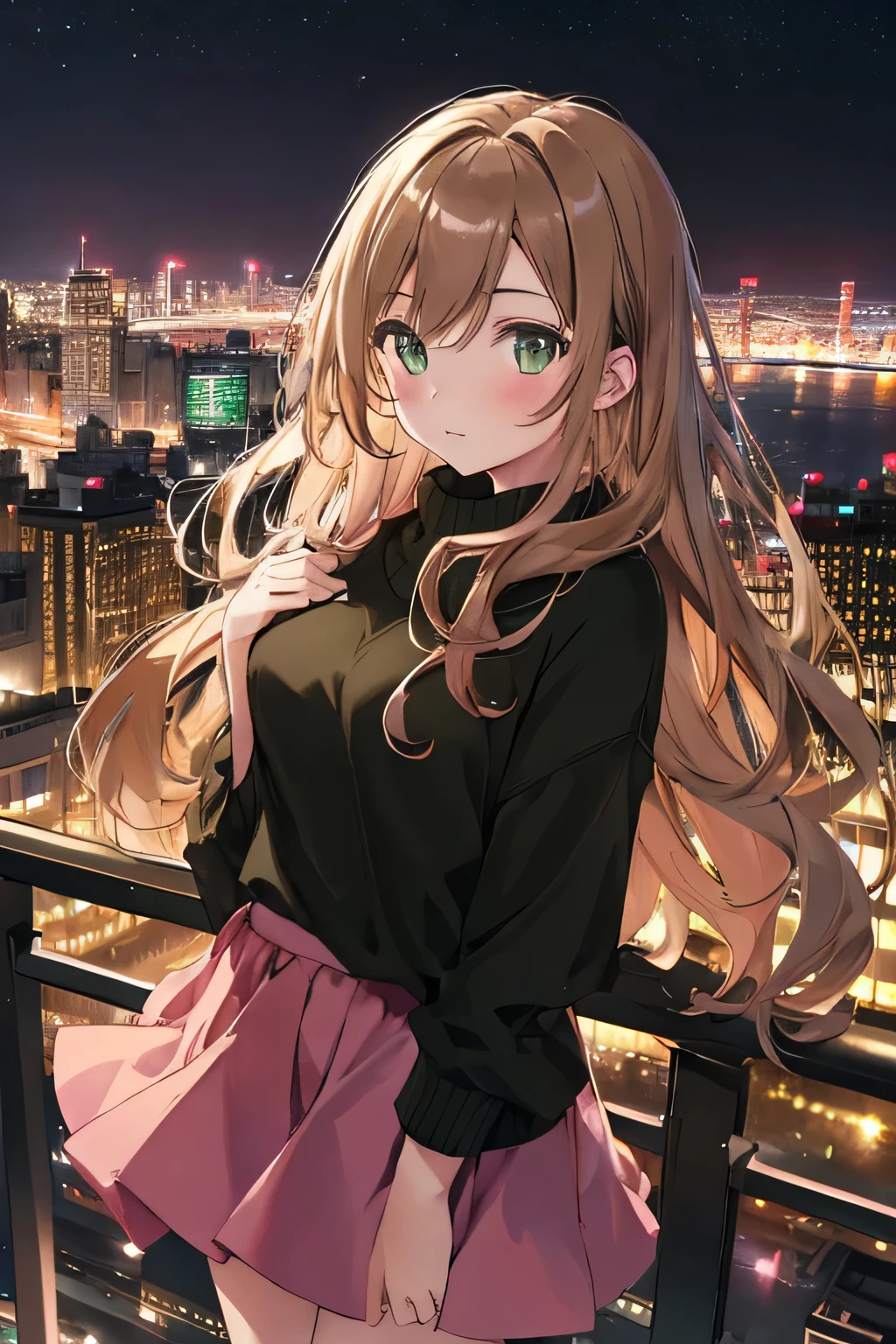 1 girl, Light brown long hair, green eyes, wearing a black sweater, pink skirt, High resolution, city night view、 8K, looking at the viewer