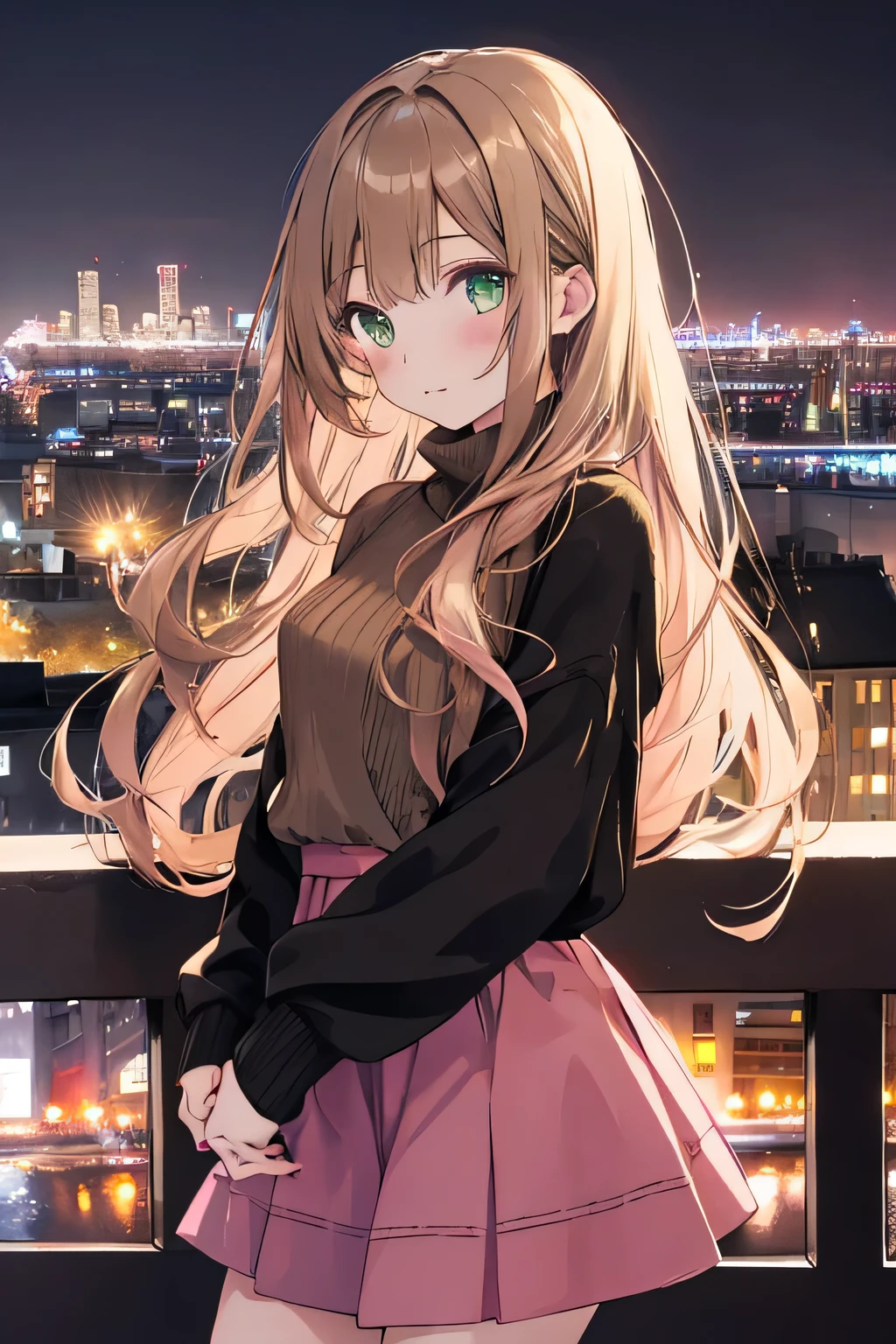 1 girl, Light brown long hair, green eyes, wearing a black sweater, pink skirt, High resolution, city night view、 8K, looking at the viewer