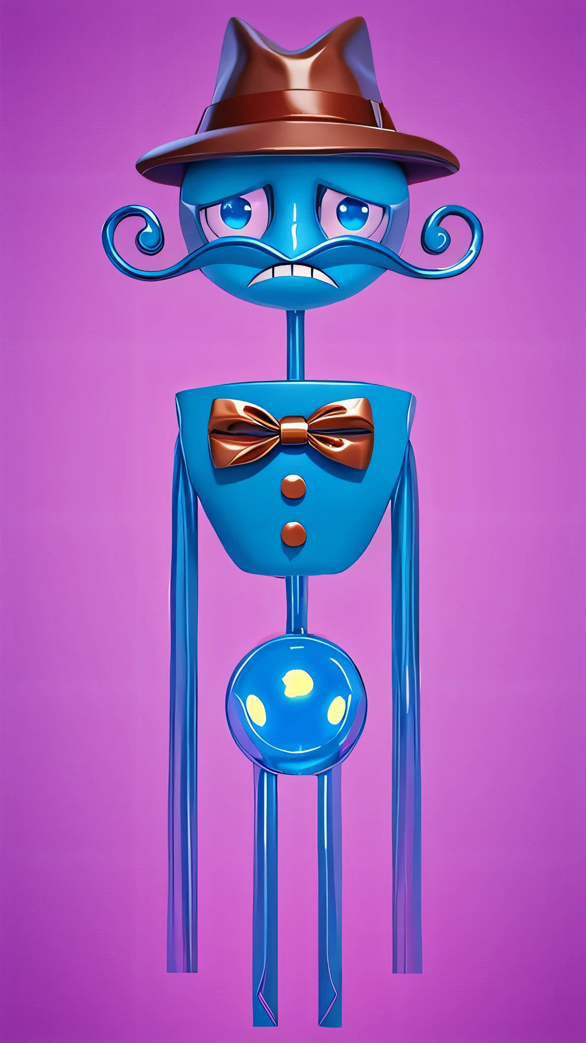 Plastic cartoon character wearing a hat, bow tie and blue suit, 3d character made of plastic, with character designs, Beautiful character design, 3D rendering stylized, iconic character, Anthropomorphic character, Стилизованный 3D, Colorful humanoid character, smooth, stylized character