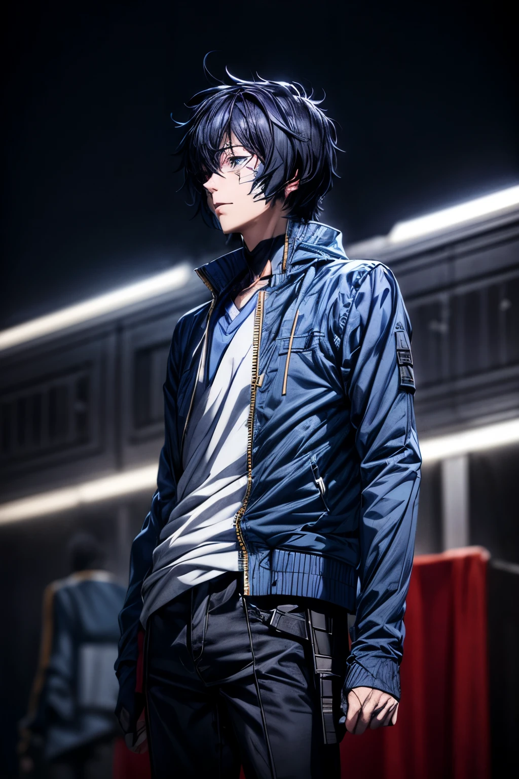 1 , sung Jin woo Charachter, Solo Leveling anime Inspired, solo leveling webtoon, torn blue jacket, messy hair, scars, official art, unity 8k wallpaper, ultra detailed, beautiful and aesthetic, masterpiece, best quality, extremely detailed, dynamic angle, the most beautiful form of chaos, elegant, a brutalist designed, vivid colours,