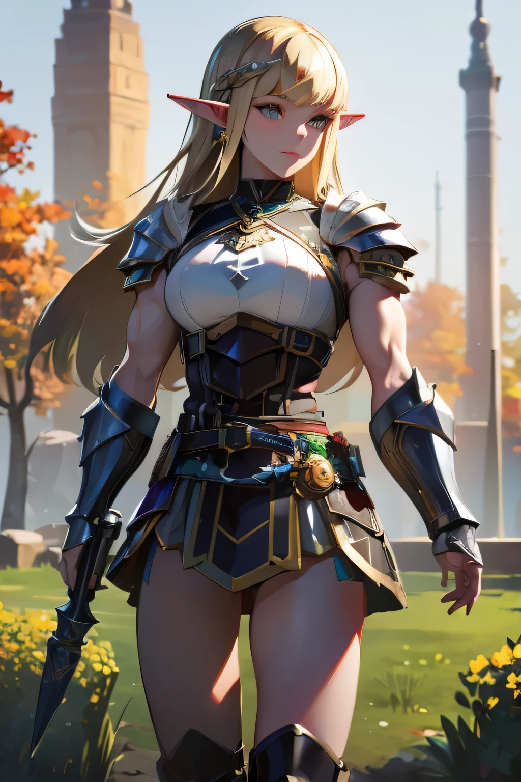 ((masterpiece, best quality)), (elf ears), female elf, female blonde muscular elf with blue eyes in knight armor, stunning character art, character art of a beautiful muscular female elf:1.4, athletic body, muscular:1.4, Well trained: 1.4, sixpack: 1.4, epic exquisite character art, character art portrait, rossdraws 1. 0, high quality digital concept art, beautiful female knight wearing knight armor