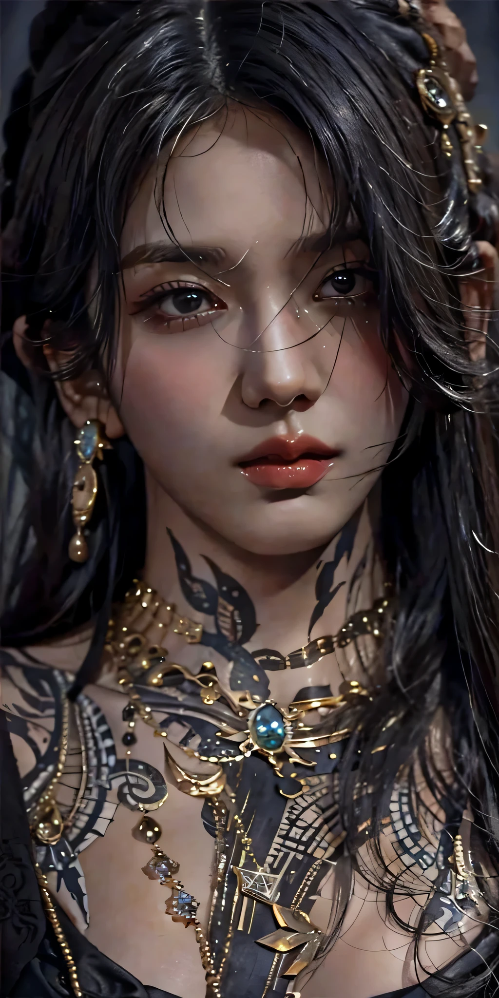 photorealistic, high resolution, soft light,1women, solo, hips up, shining skin, (detailed face), jewelry, tattoo,black dress mafia clothing, black hair, super long hair, looking viewers, tatto, messy hair, close up