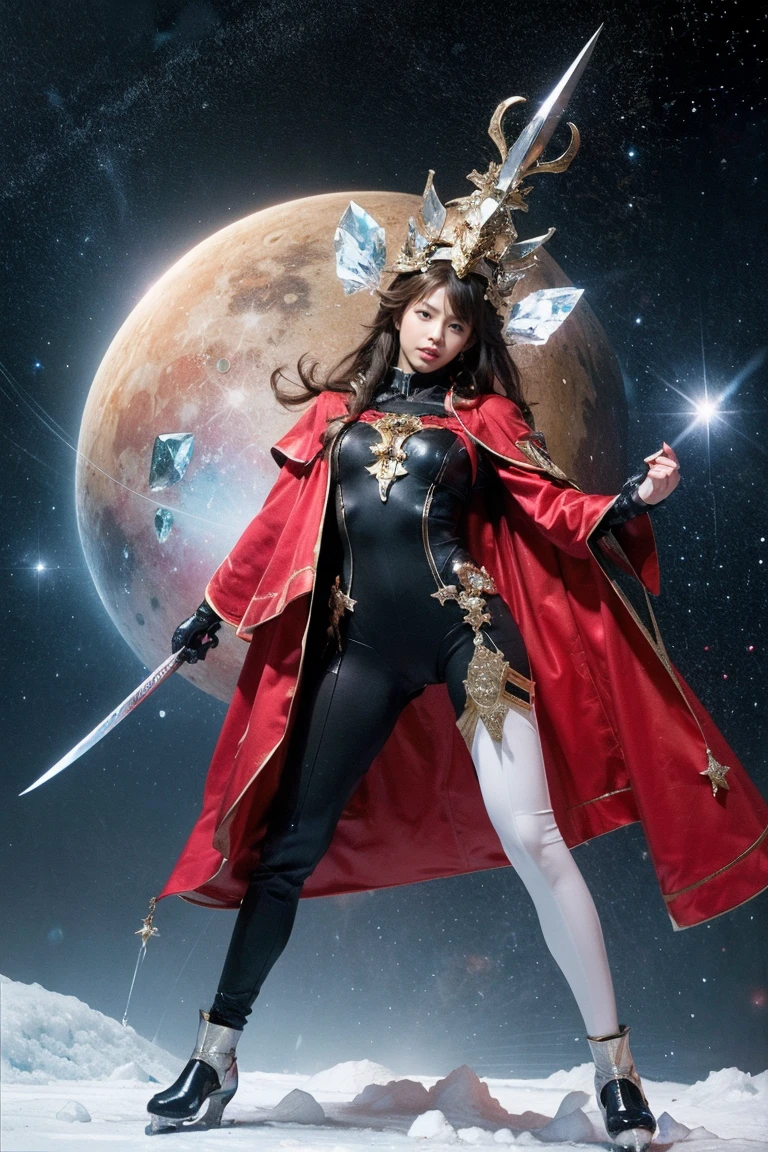 highest quality, masterpiece, realistic, High resolution, 8K RAW写真, 1 girl、long hair、goddess、has a decorated sword、Swing your sword up、((glamor body:1.3))、(Blue bodysuit with ice motif、gold edge、red cloak)、silver pendant、silver earrings、(((action pose)))、(On the ice of a planet where you can see Mercury)、(Many ice crystals in the starry sky)