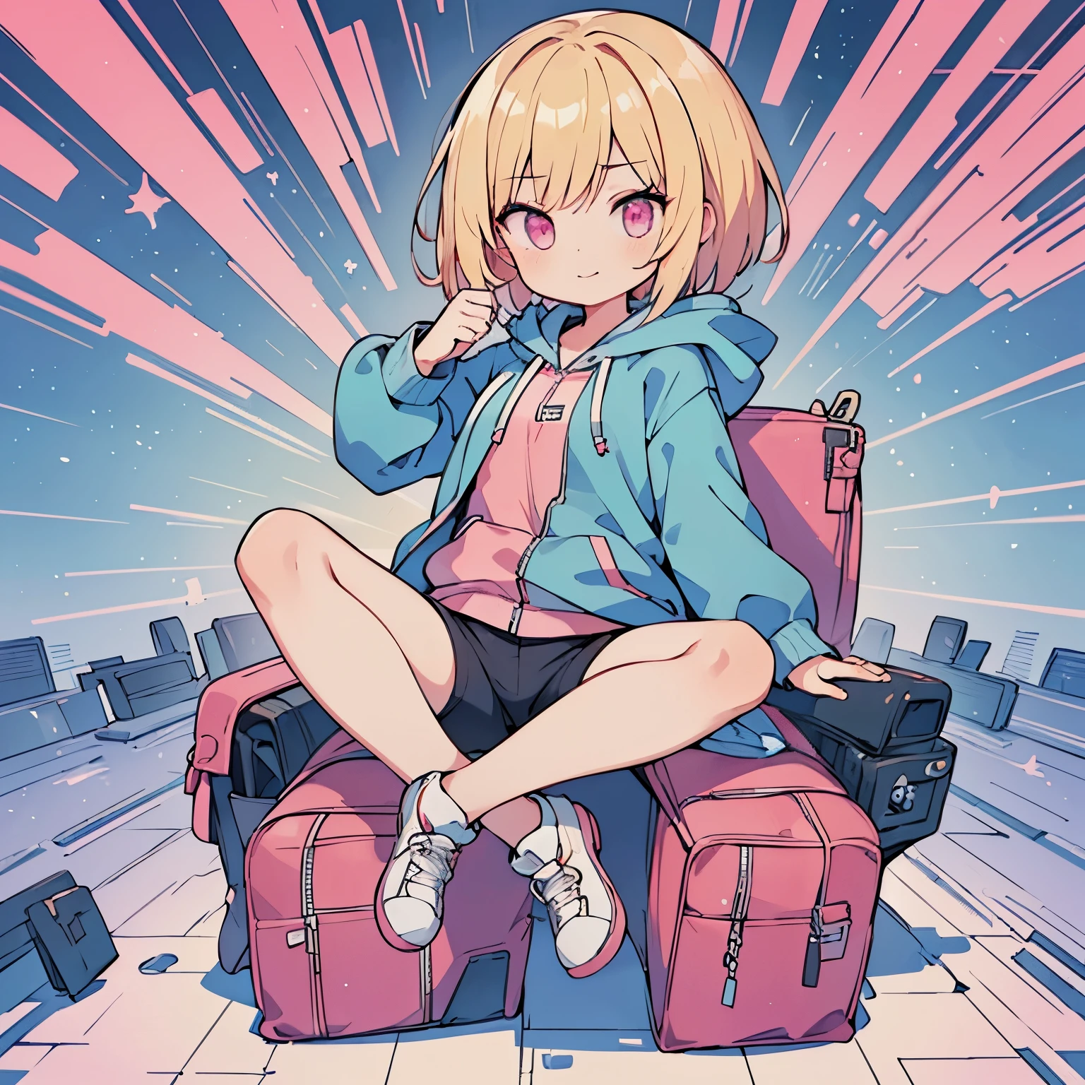(short cut blonde girl),(((I'm working))),(((blue zip hoodie))),(((Pink Inner))),(black hot pants),pink eyes,open your mouth, dull smile, Full body Esbian,(a bit),((((alone))),(best image quality, In 8K, masterpiece, Super detailed),