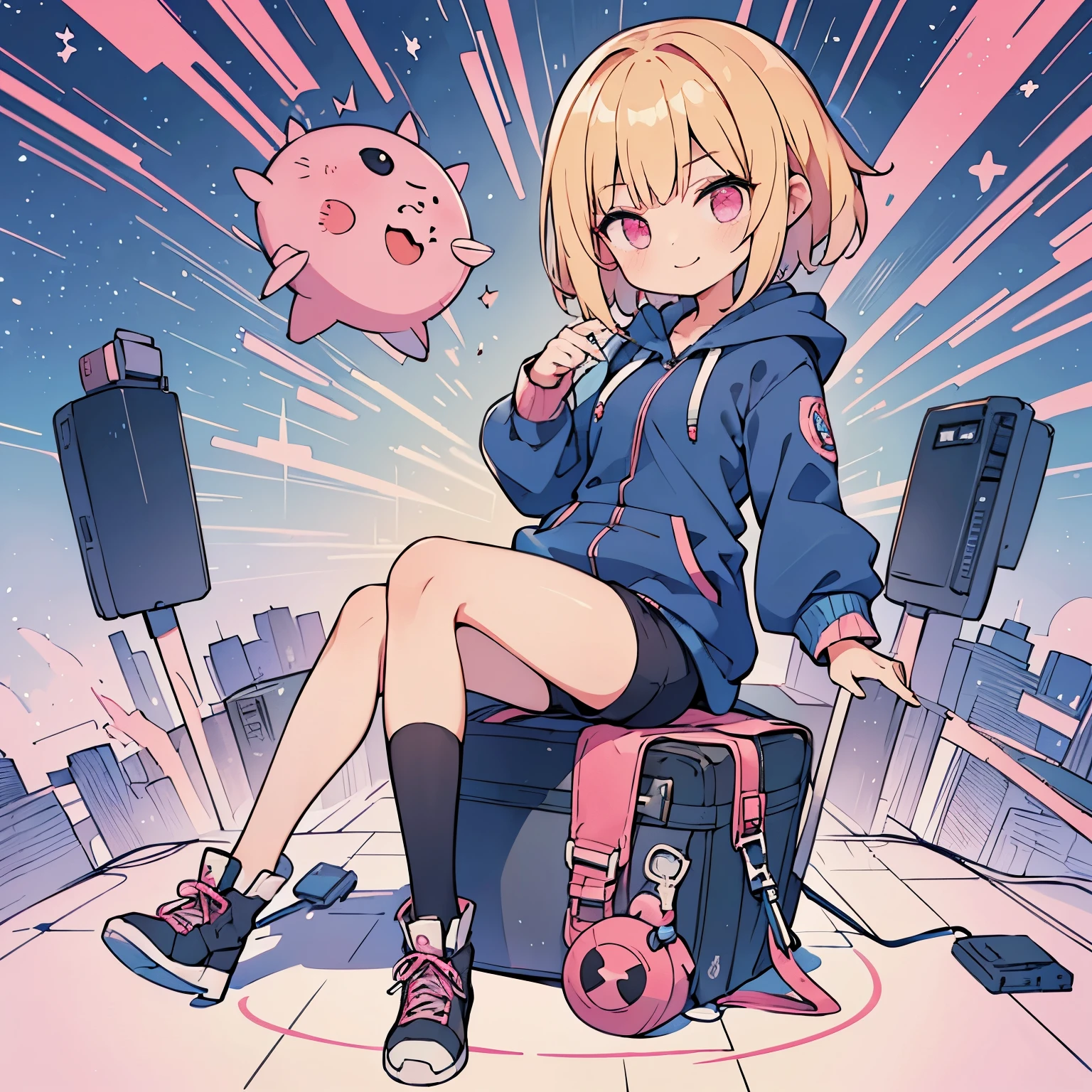 (short cut blonde girl),(((I&#39;m working))),(((blue zip hoodie))),(((Pink Inner))),(black hot pants),pink eyes,open your mouth, dull smile, Full body Esbian,(a bit),((((alone))),(best image quality, In 8K, masterpiece, Super detailed),