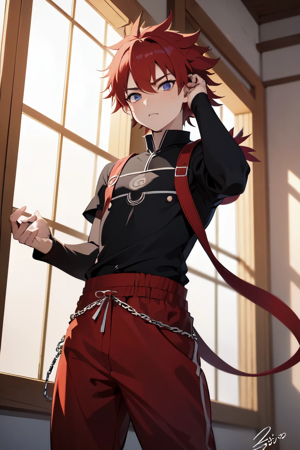 Detailed, best quality, ultra high resolution, beautiful red anime boy, flawless features, ((seiso-shounen)), Naruto, spiky hair, sharp facial features, signature red headband, (loose-fitting clothes: harem pants and short-sleeved shirt), intense focus, hand on head, deep in thought, piercing gaze.