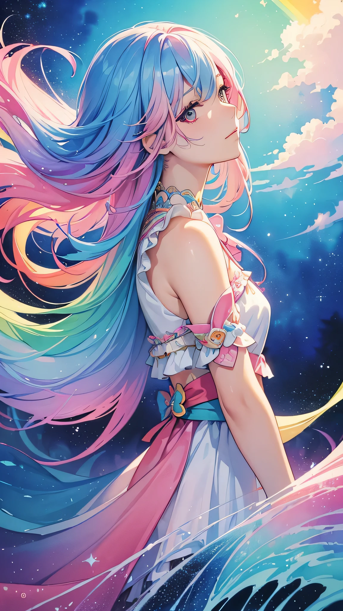 (masterpiece, top quality, best quality,watercolor (medium),official art, beautiful and aesthetic:1.2),(1girl:1.3), (fractal art:1.3),upper body, from side, looking at viewer,patterns,(rainbow color Hair,colorful hair,half blue and half pink hair:1.2),water,liquid, cloud,colorful, starry,stars,