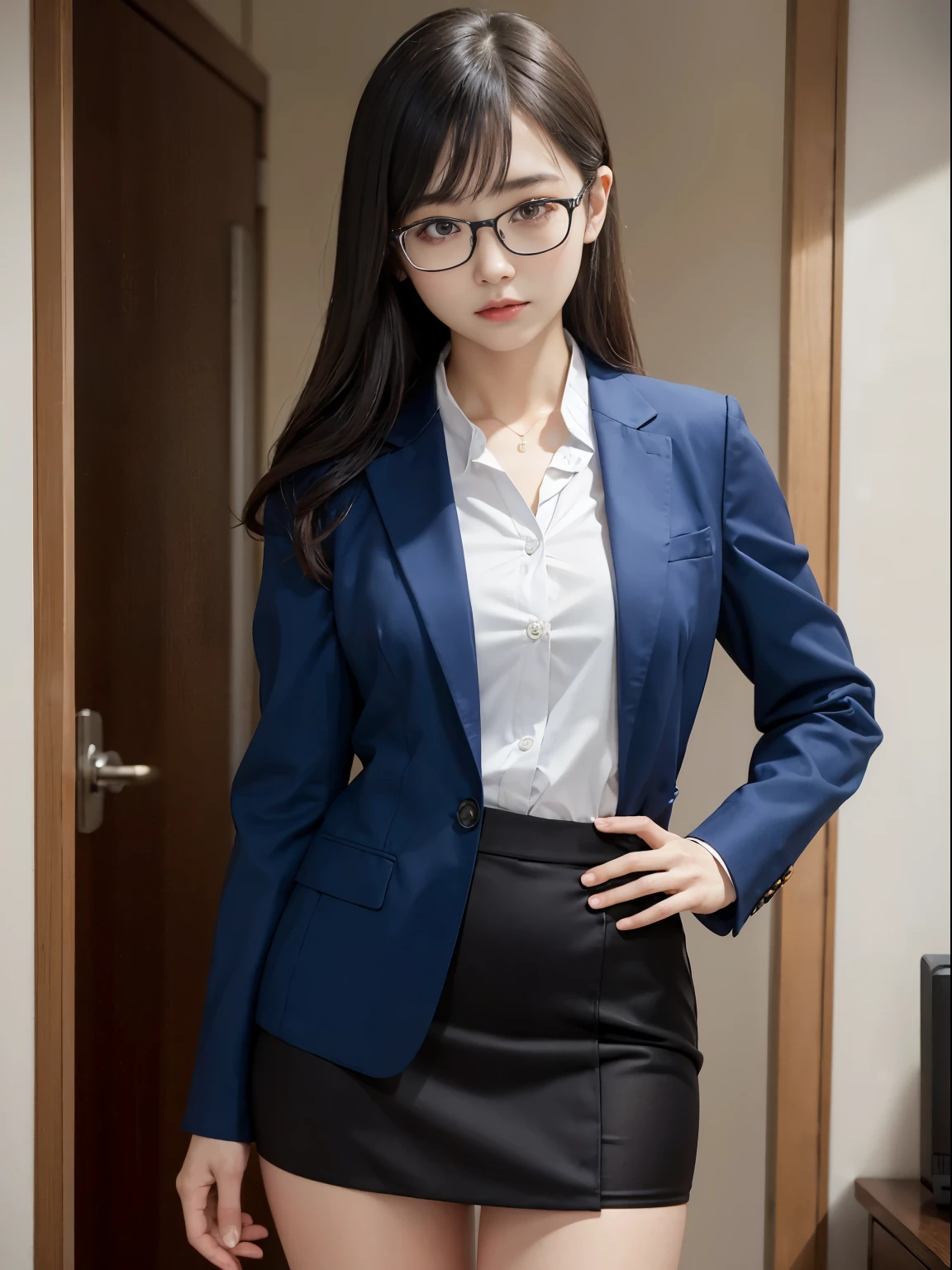 one person、solo、A 20-year-old office lady in office uniform poses for a photo shoot、victory、Tsundere、Saucy、Single knot、OL、suit、blue mini skirt、anger、Small、glasses、Slim girl model photo、Body:史上最Small、female model、Japanese female fashion model、(8K、RAW photo、Highest image quality、masterpiece:1.2)、(real、photorealistic:1.37)、Ultra high definition、Ultra high definition、Office Street、standing position、whole body、((((SEXY)))
