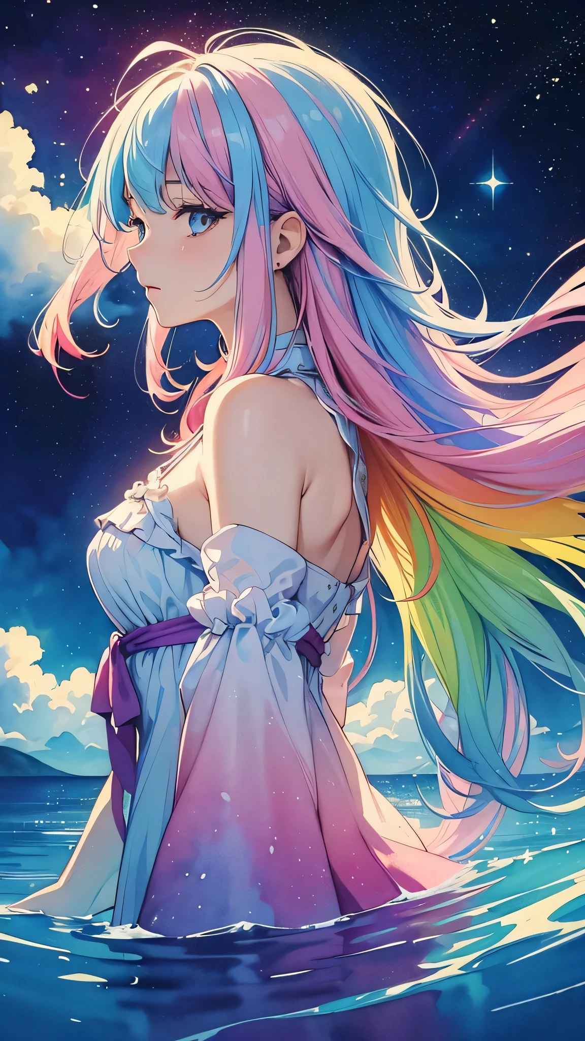 (masterpiece, top quality, best quality,watercolor (medium),official art, beautiful and aesthetic:1.2),(1girl:1.3), (fractal art:1.3),upper body, from side, looking at viewer,patterns,(rainbow color Hair,colorful hair,half blue and half pink hair:1.2),water,liquid, cloud,colorful, starry,stars,