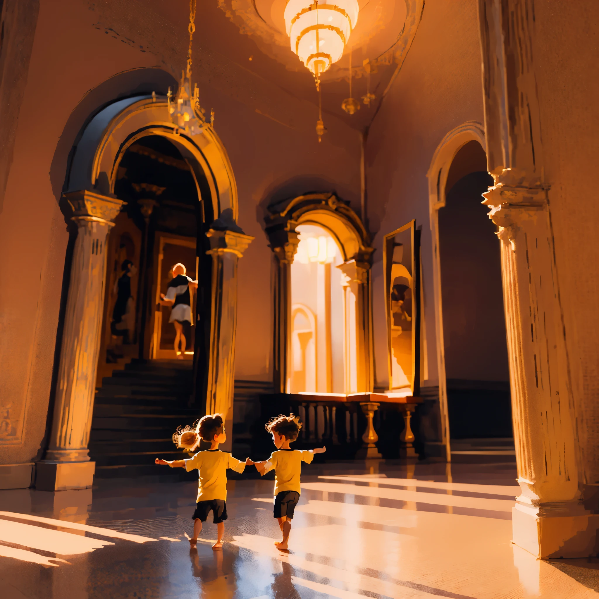 2 children playing in a luxurious palace