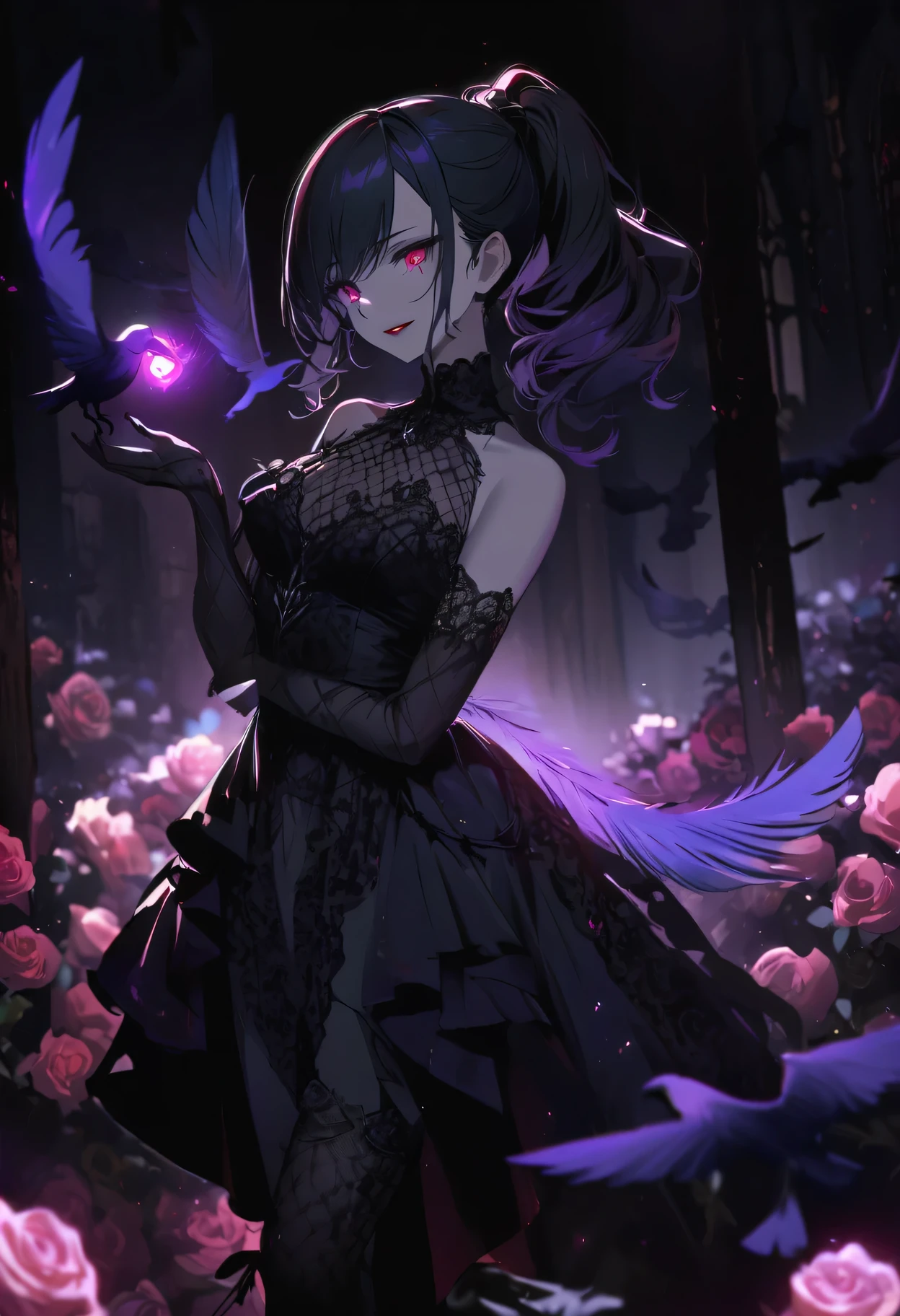 （dark atmosphere，Goethe fashion，bright colors），（best quality，Super exquisite，），Sexy goth elf girl，rose garden at night，beautiful and delicate eyes，Blue pointed black straight ponytail，Crow feathers，red lipstick，mysterious smile，Pale complexion，Fishnet socks，black lace dress，Pointed-toe boots，mysterious aura，The moonlight reflects her elegant silhouette，Soft shadows and soft highlights，Contrasting colors create a vibrant atmosphere，Dark and moody color palette，Subtle yet dramatic lighting effects，Sublime darkness intertwined with exquisite moonlight